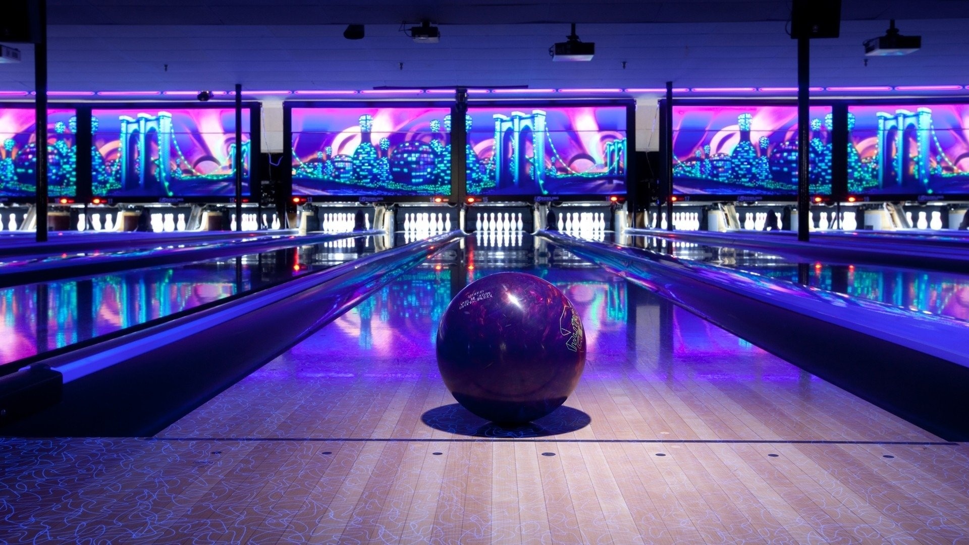 Bowling: Bowler, A game played by rolling a ball down a wooden alley in order to knock down a group of ten pins. 1920x1080 Full HD Wallpaper.