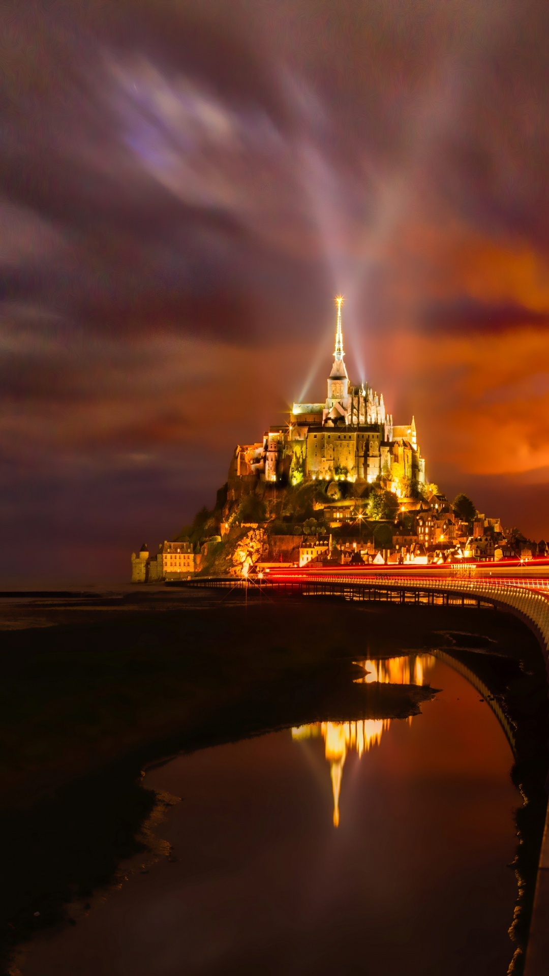 Mont Saint Michel, 4K wallpaper, Cathedral beauty, Nighttime allure, 1080x1920 Full HD Phone