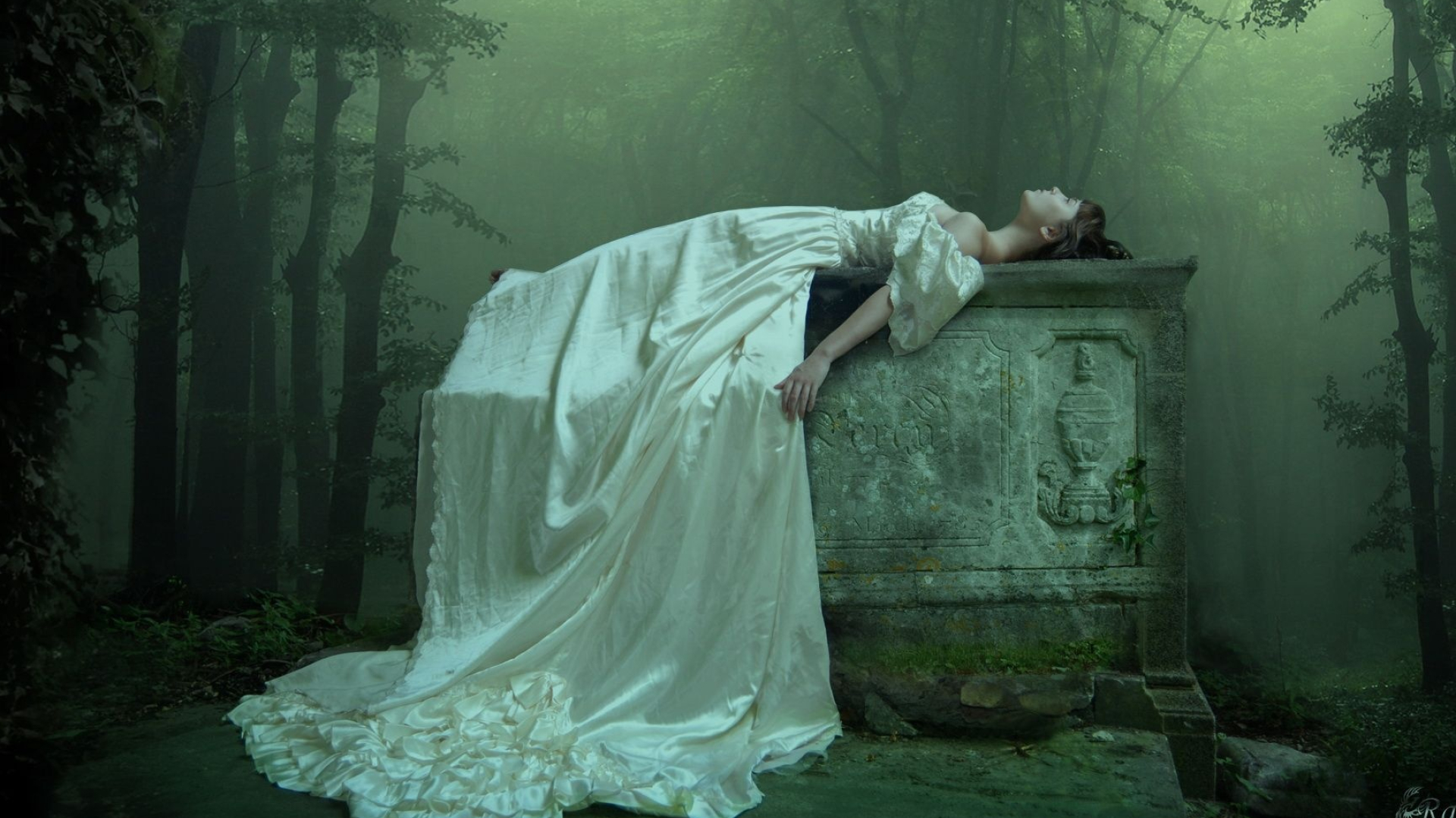 Gothic Art: Dark fantasy, Sleeping beauty, Girl in a mystic forest. 1920x1080 Full HD Wallpaper.