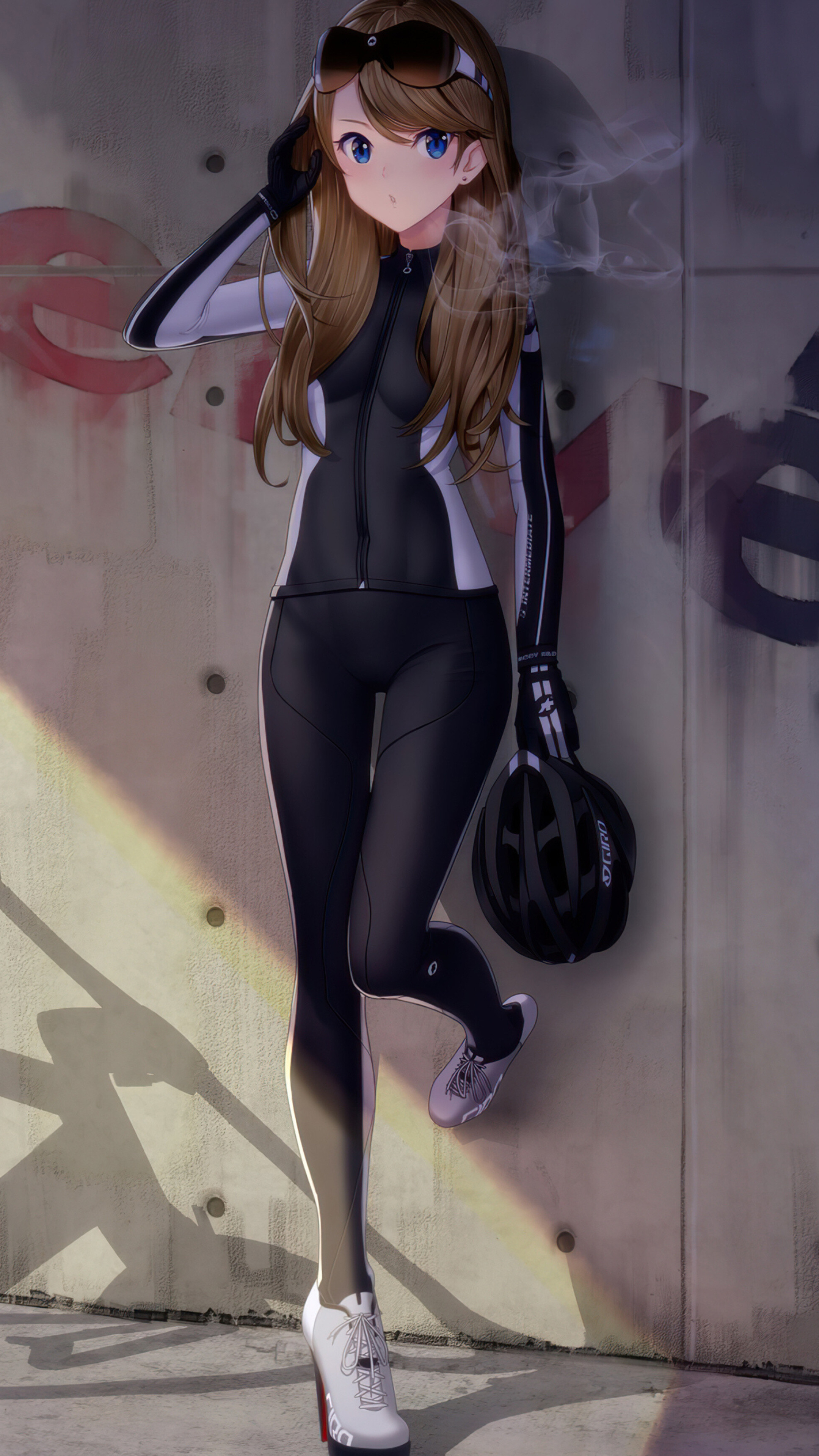 Girl and Bike: Anime girl wearing leggings, Bodysuit, Blue eyes, Cartoon character, Helmet. 2160x3840 4K Background.