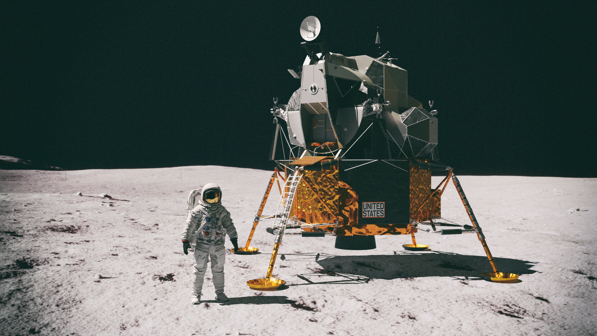 Apollo 11: The Moon landing, Astronaut Neil Armstrong, 1969. 1920x1080 Full HD Background.
