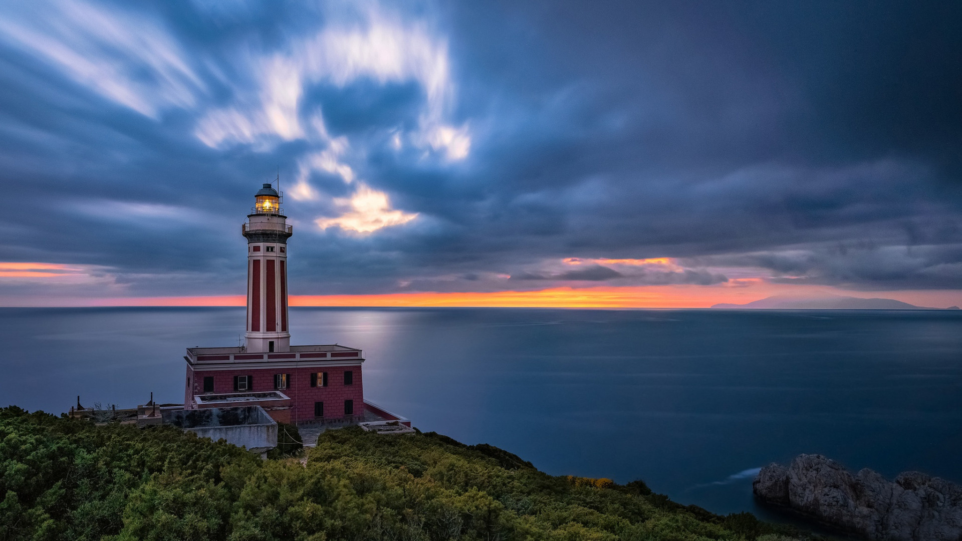 Sea, Sky clouds sunset, Lighthouse at Capri, Captivating coastal scenery, 1920x1080 Full HD Desktop