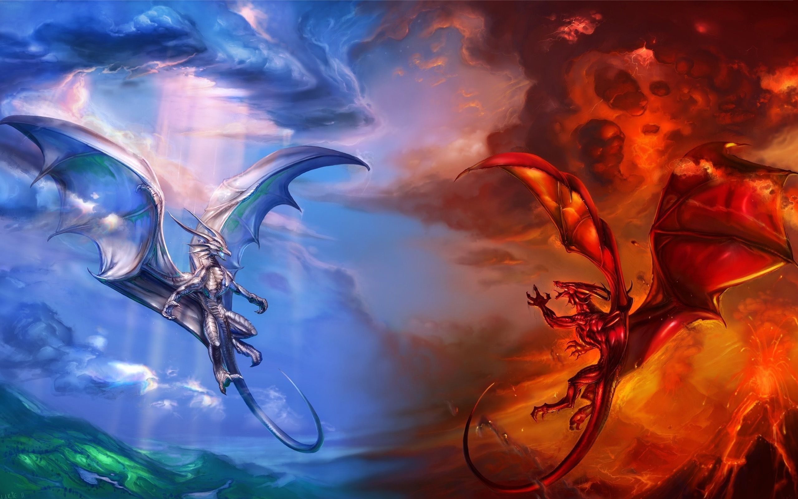 Ice vs. Fire dragon, Eisdrache Wallpaper, 2560x1600 HD Desktop