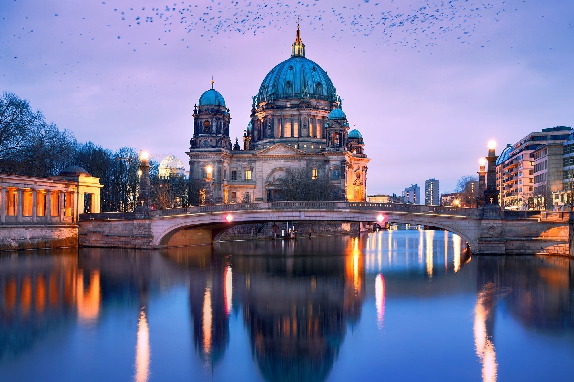 Berlin Cathedral, River reflection, Evening lights, Dome elegance, 2000x1340 HD Desktop