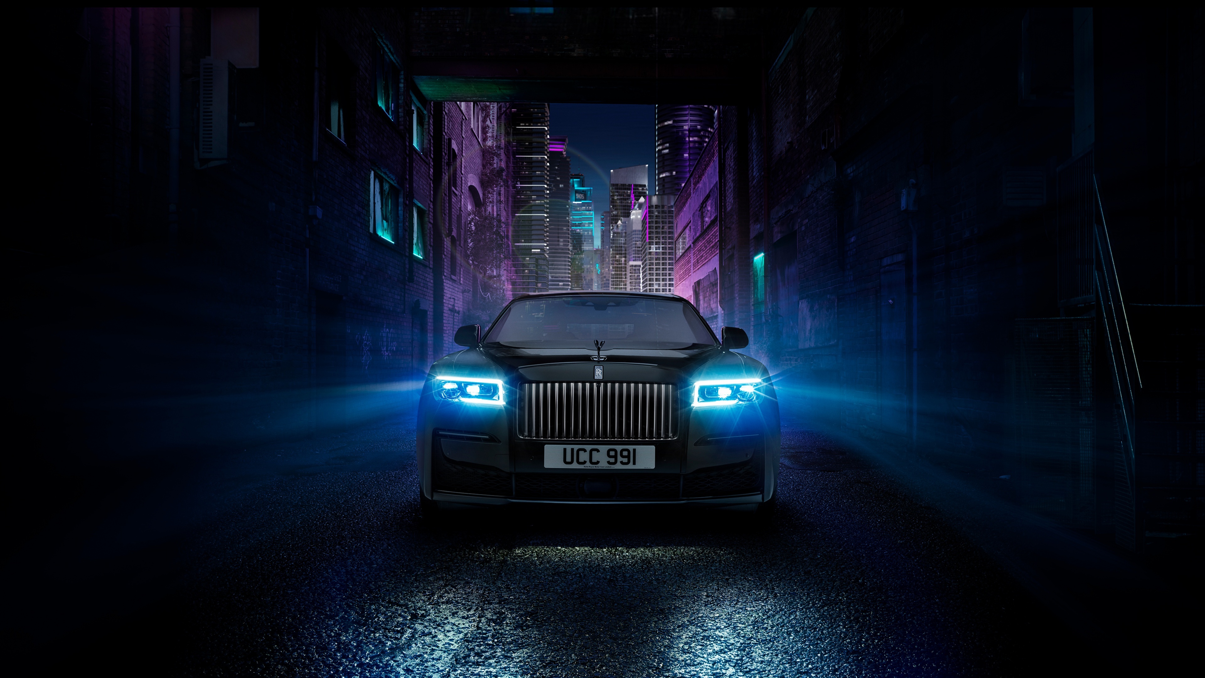 Rolls-Royce Ghost, Black Badge edition, Night car lights, 2021 model, 3840x2160 4K Desktop