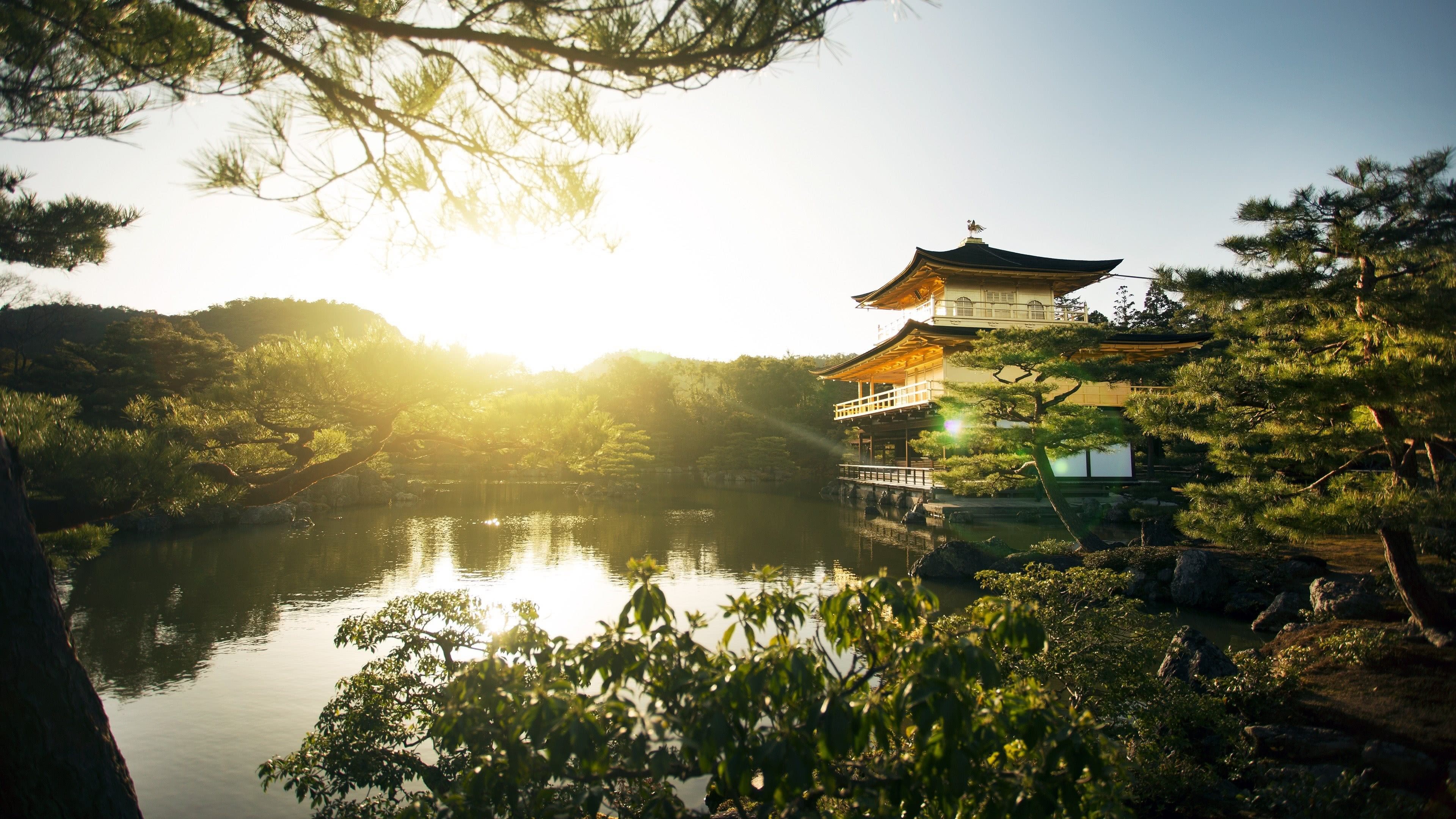 Temple of the Golden Pavilion, Kinkaku-ji, Sunset Serenity, Tranquil Colors, 3840x2160 4K Desktop