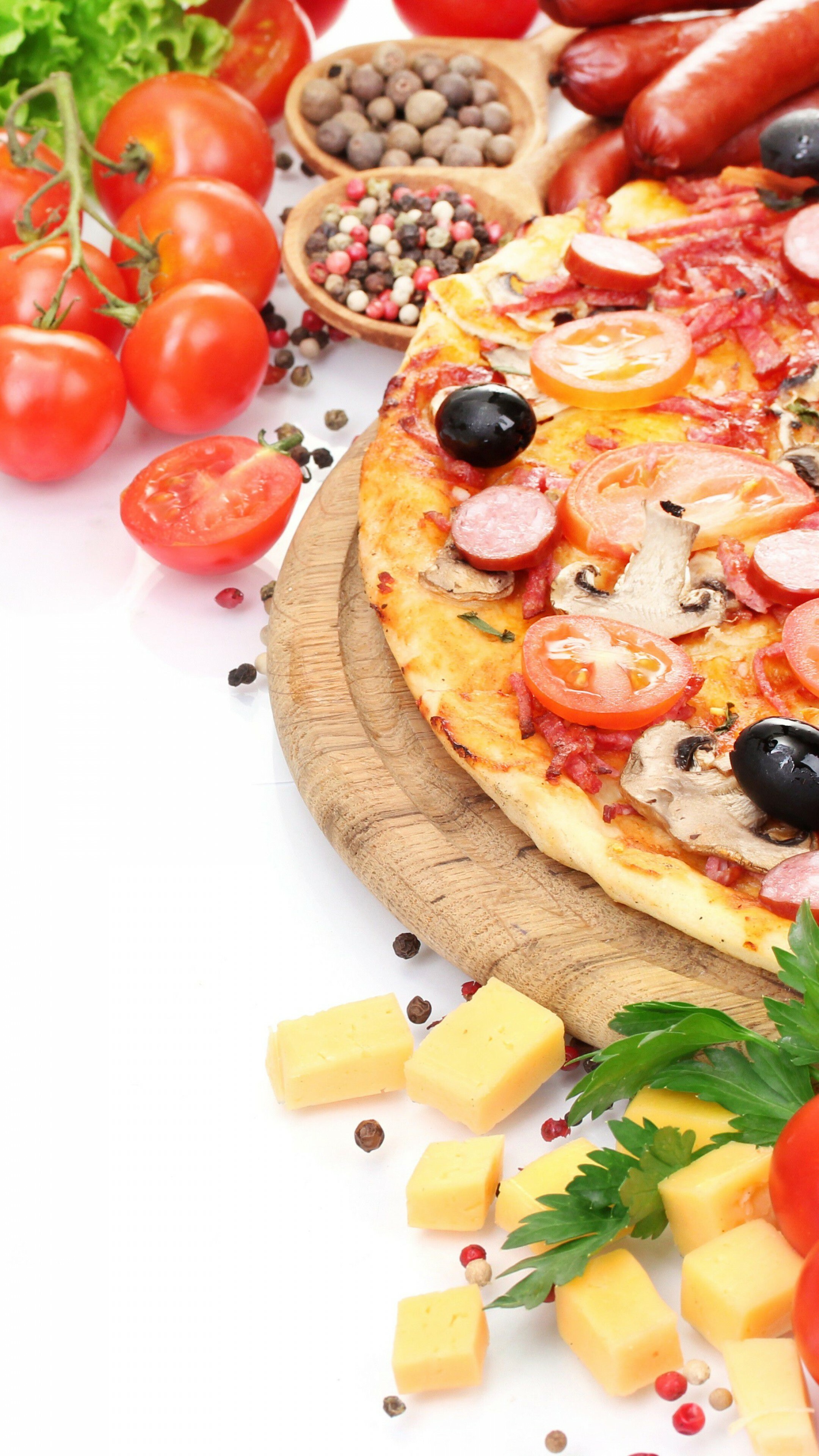 Pizza: Dish made typically of flattened bread dough, A savory mixture of tomatoes and cheese. 2160x3840 4K Wallpaper.