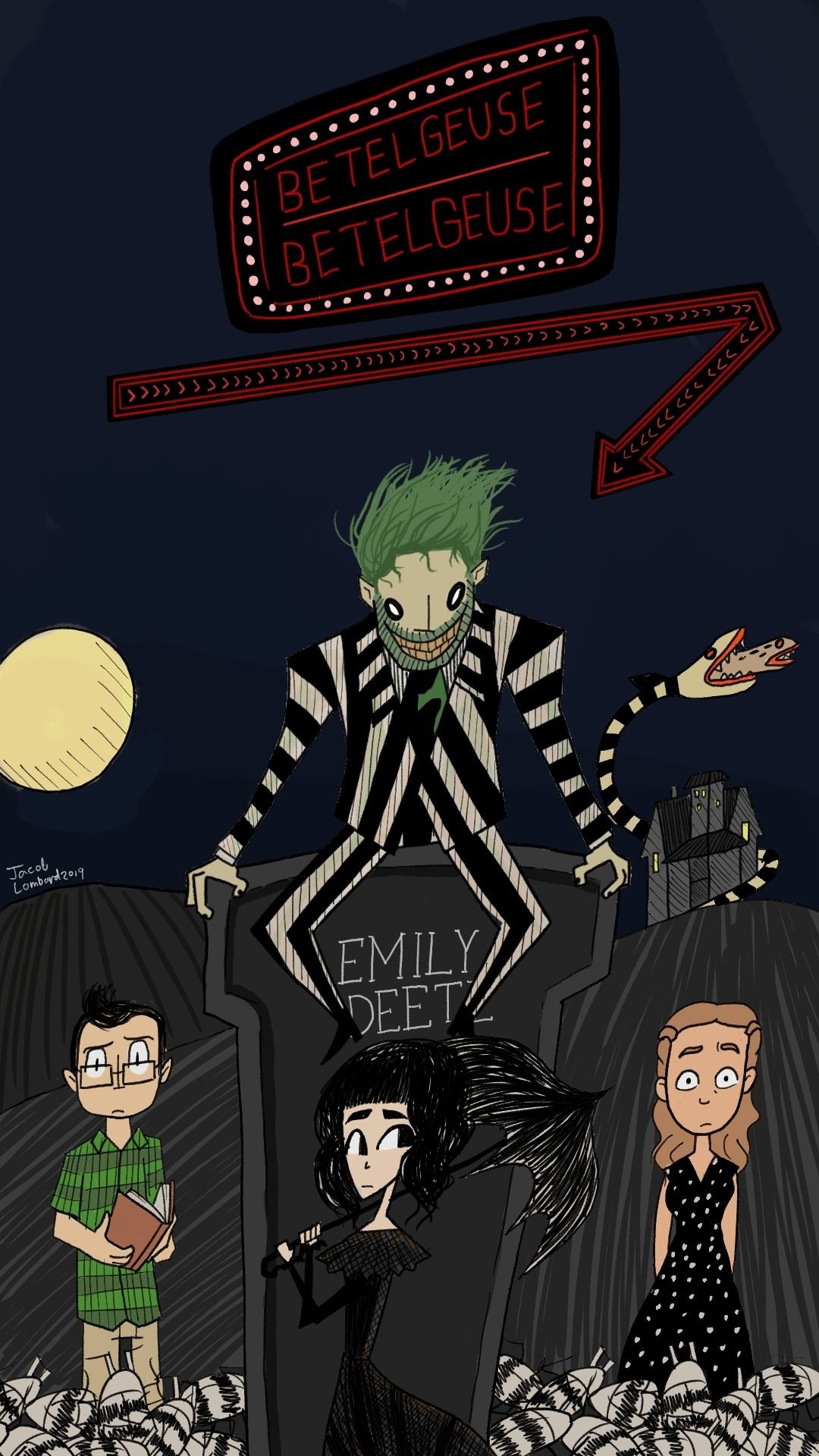 Beetlejuice (Cartoon): The ghostly con-man and his best friend Lydia, Supernatural adventures. 1080x1920 Full HD Background.