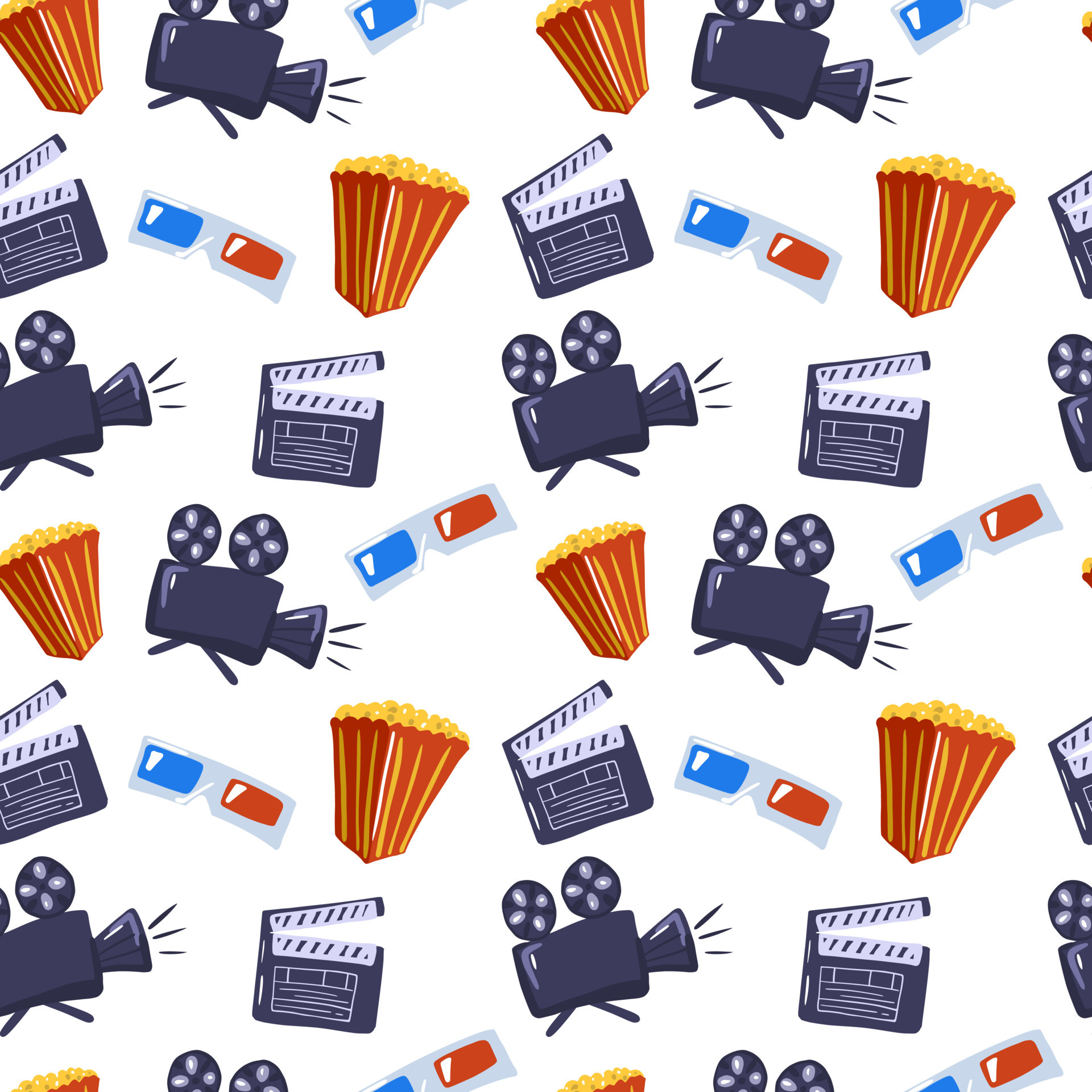 Isolated seamless cinema, Doodle popcorn camera, 3d glasses, Clapperboard elements, 1920x1920 HD Handy