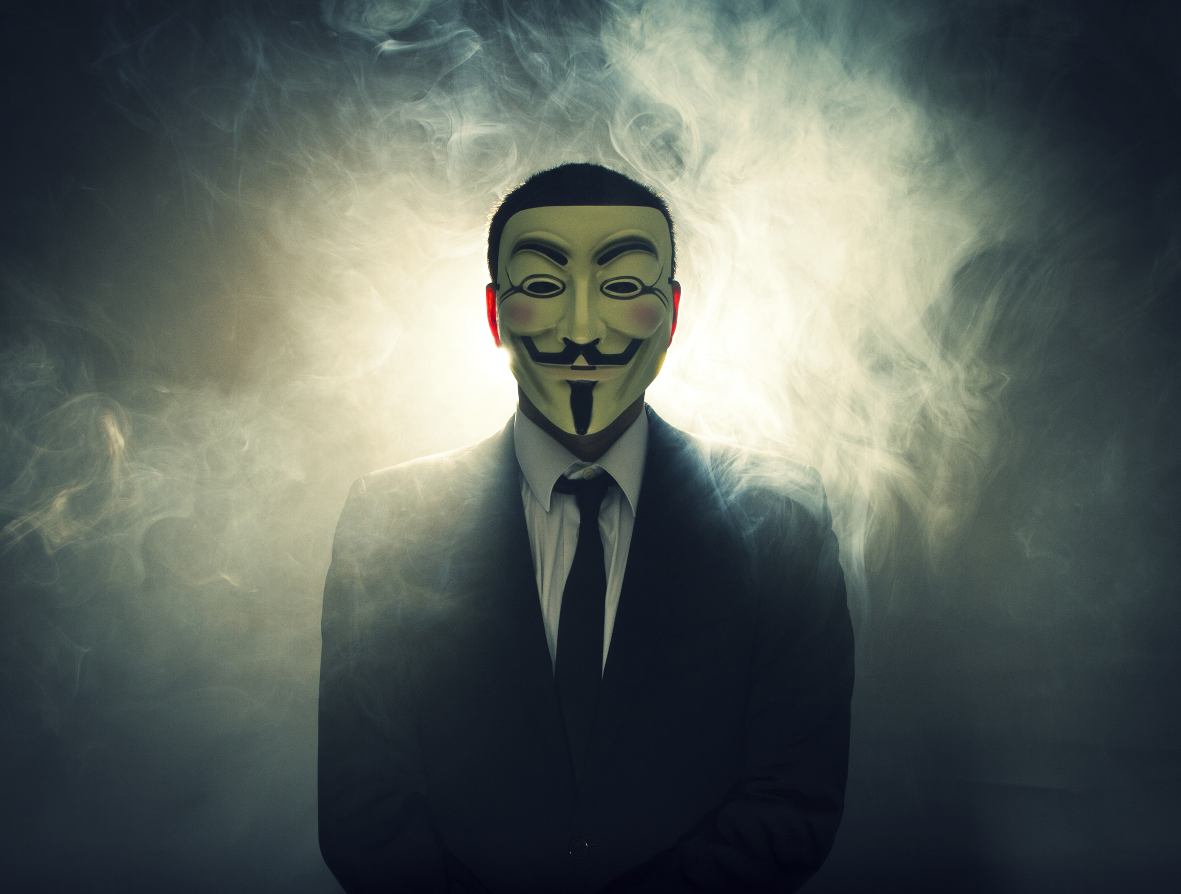 Guy Fawkes Mask: The mask is primarily white with a stylized black mustache, goatee, and eyebrows. 2320x1750 HD Background.