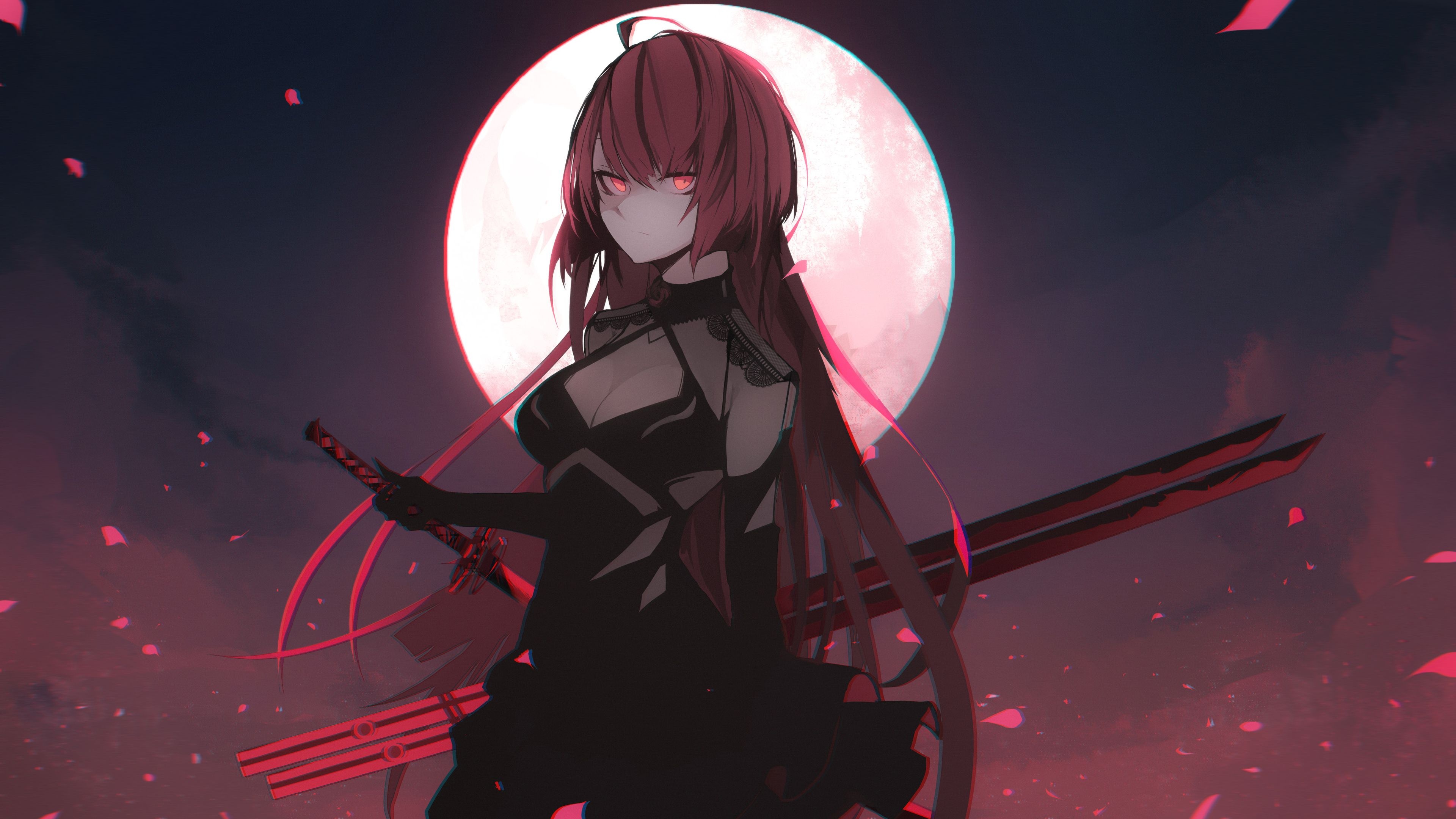 Gothic Anime: Girl with sword, Dangerous dark beauty, Elesis, Elsword, Full moon. 3840x2160 4K Background.