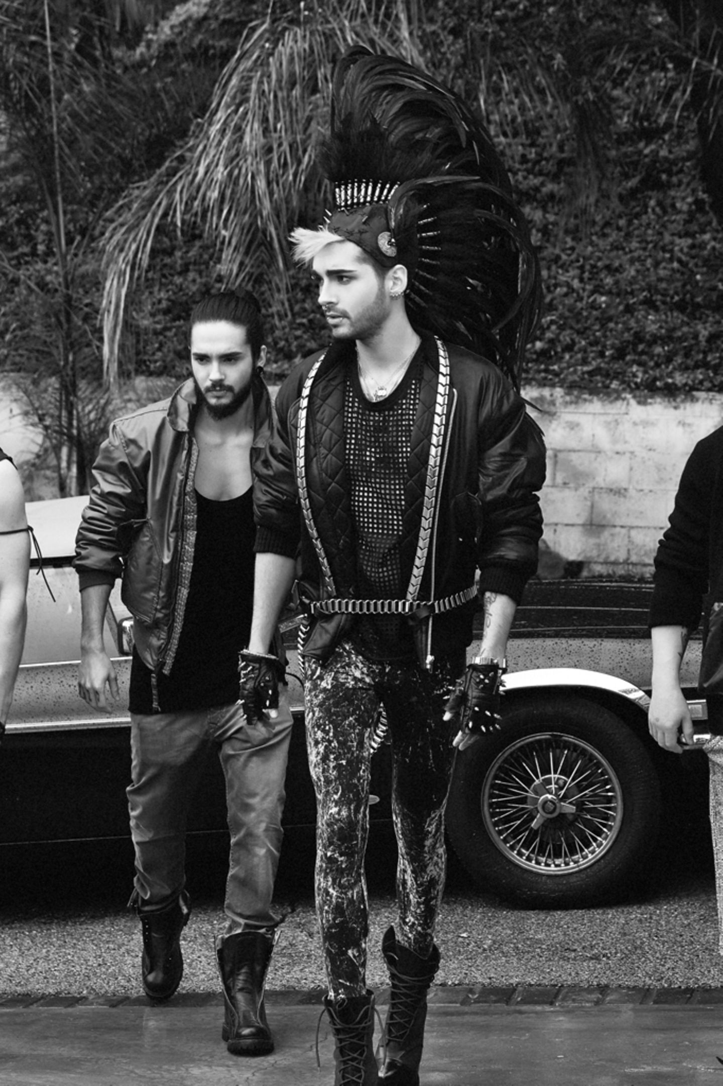 Tokio Hotel: Singer Bill Kaulitz, Guitarist Tom Kaulitz, Black and white. 1440x2170 HD Wallpaper.