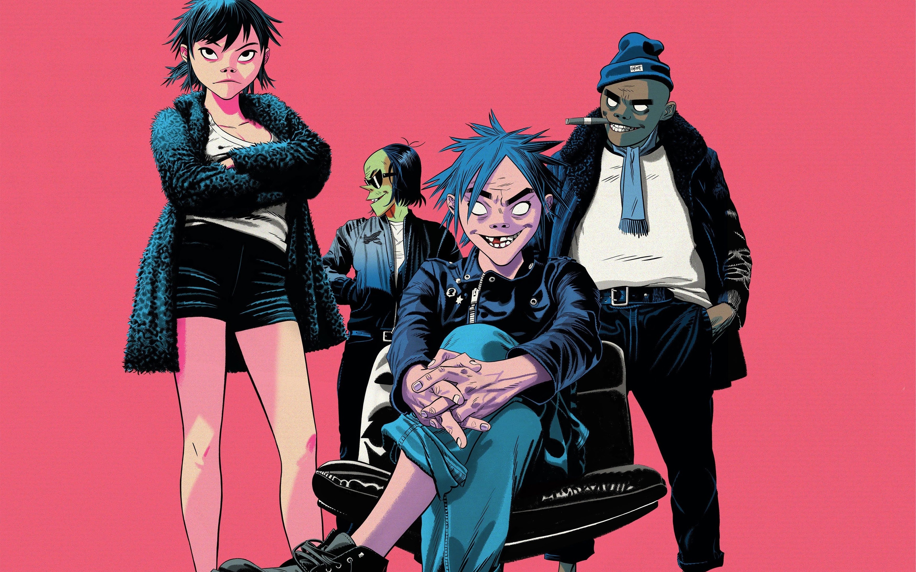 Gorillaz: The beloved raunchy animated band members, 2-D, Noodle, Murdoc Niccals, and Russel Hobbs. 3200x2000 HD Background.