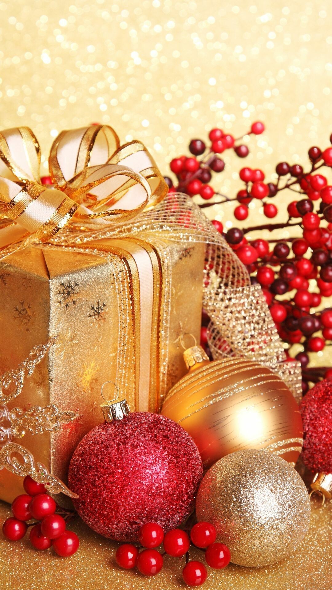 Christmas: Glitter, Xmas presents, Holly. 1080x1920 Full HD Wallpaper.