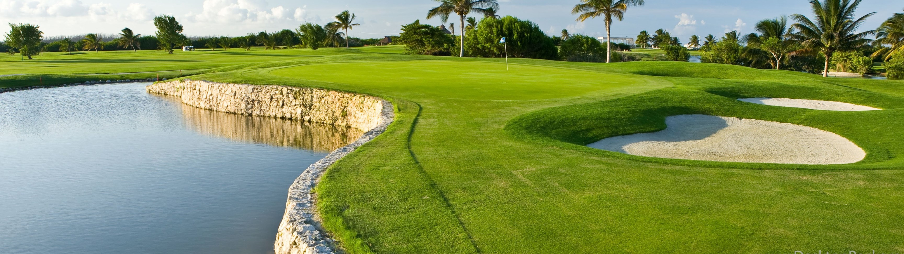 Golf Course: Iberostar Cancun, Mexico, Landscape design, Water hazard, Sand trap, Palm trees. 3840x1080 Dual Screen Wallpaper.