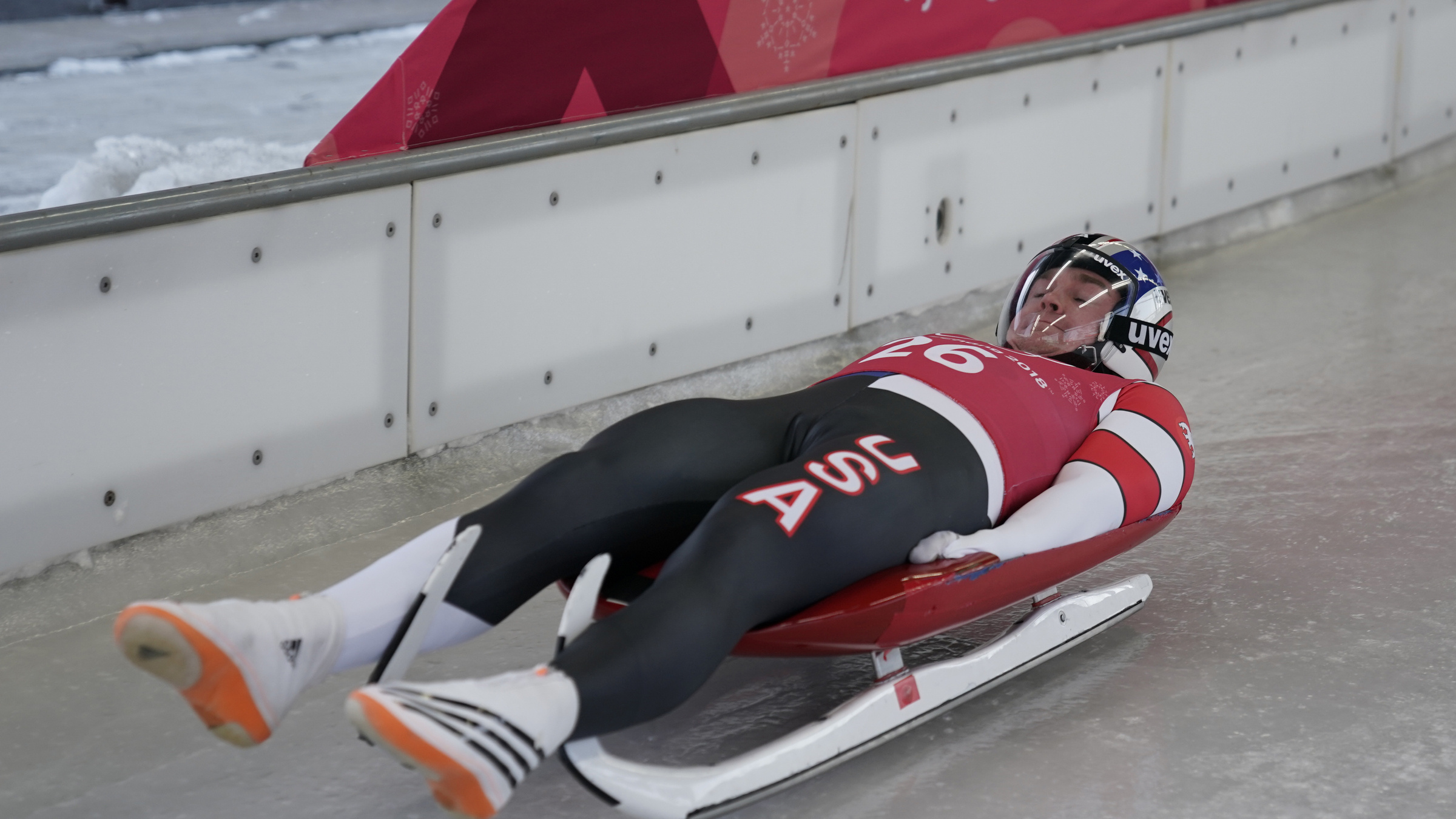 Sledding: Olympics USA Athlete, A Winter Sport With a Sledge and an Ice Track, 3D Measurement Technology. 2400x1350 HD Background.
