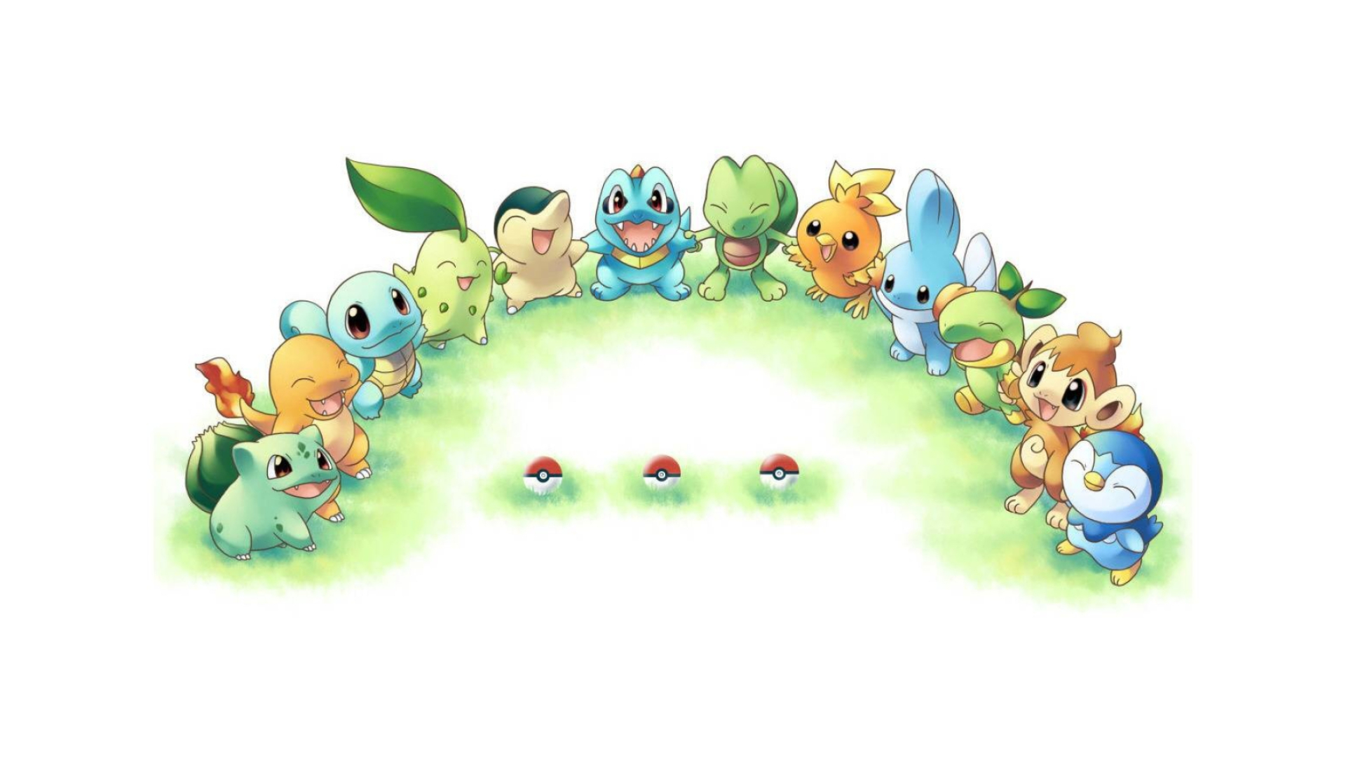 Grass (Pokemon): Starters, Bulbasaur, Chikorita, Treecko, Turtwig, Snivy, Sobble, Charmander, Chimchar. 1920x1080 Full HD Wallpaper.