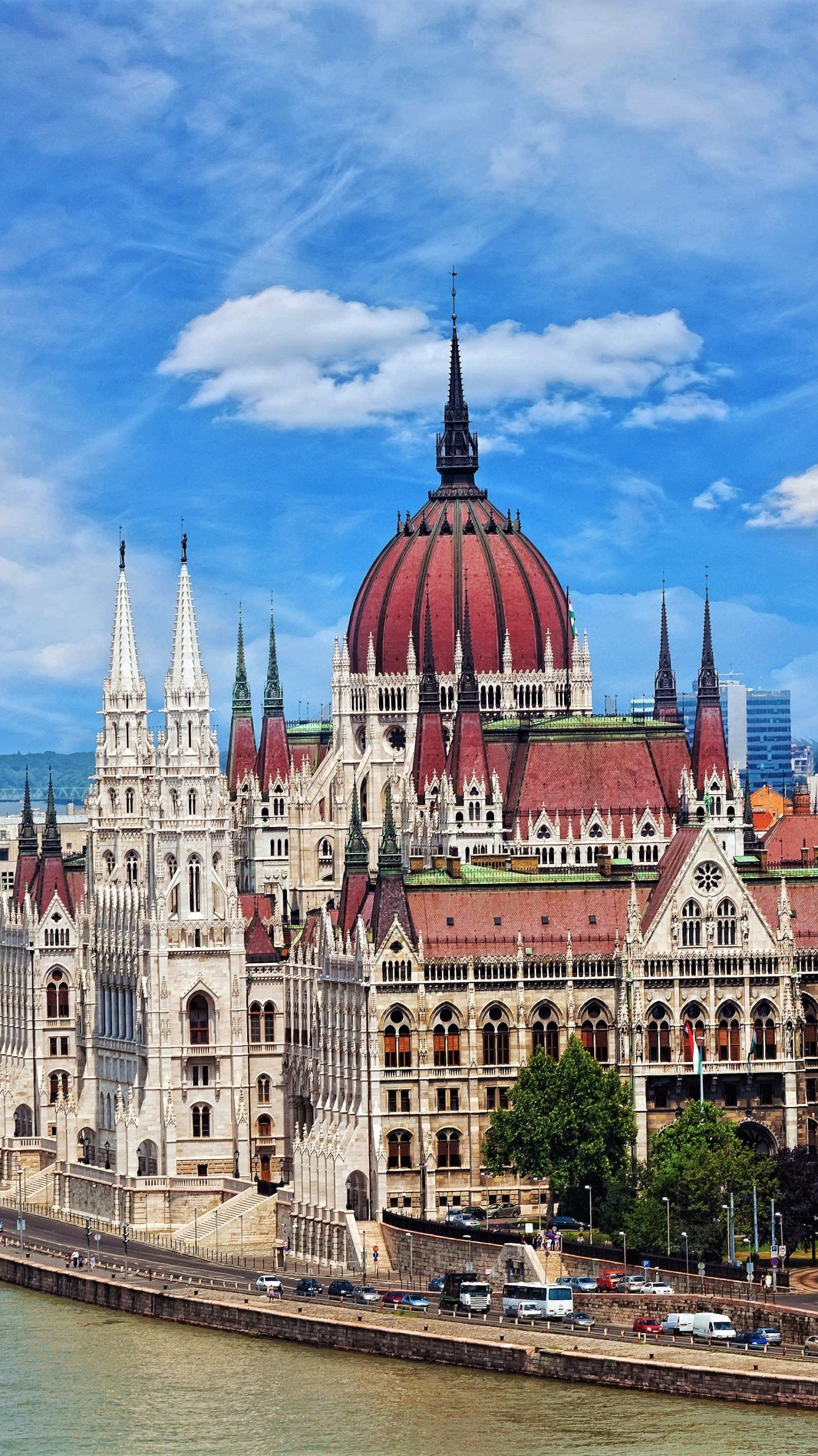 Budapest: Hungarian Parliament, situated on Kossuth Square in the Pest side of the city. 1440x2560 HD Background.