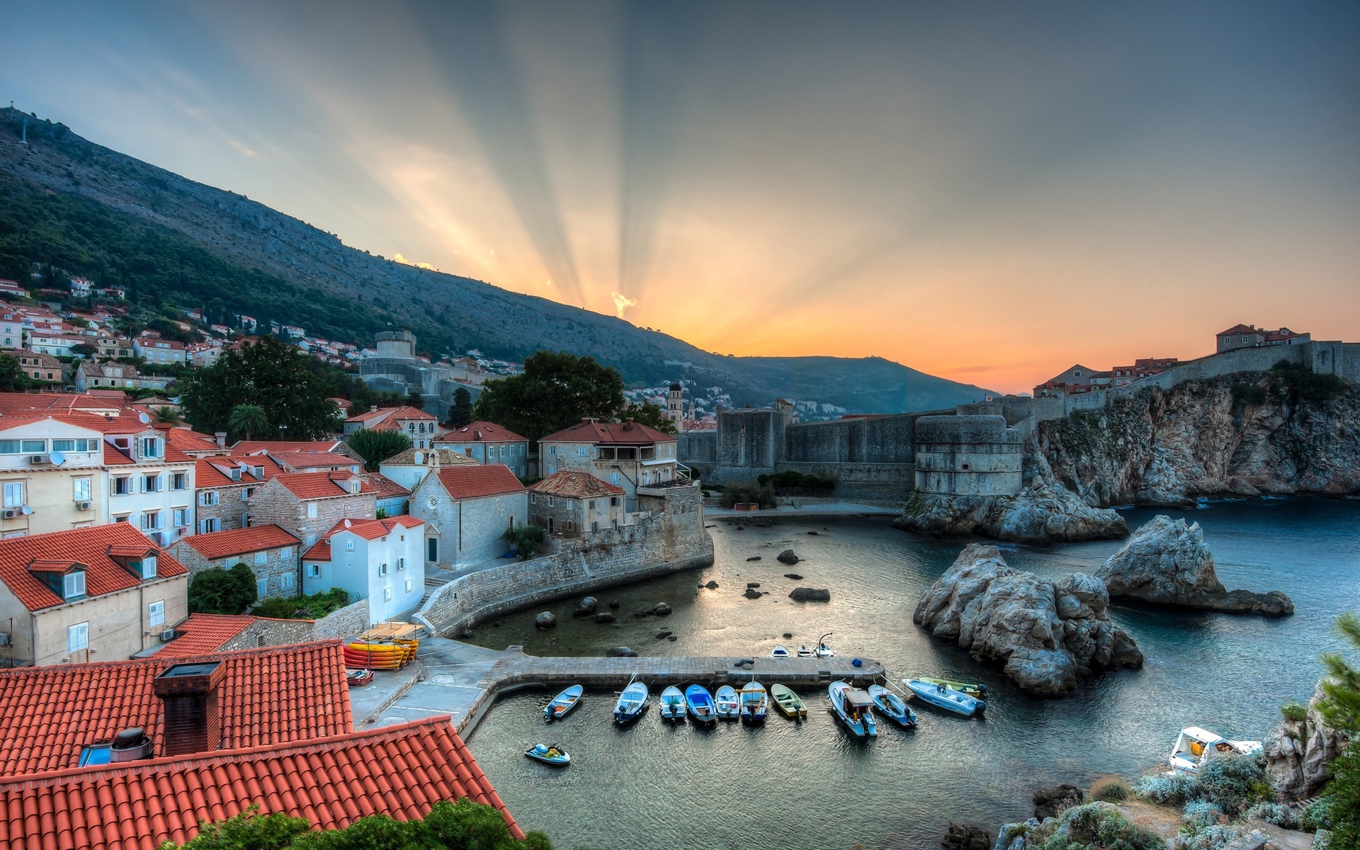 Adriatic Sea, Dubrovnik harbor, Sunrise boats, Tranquil sea, 1920x1200 HD Desktop