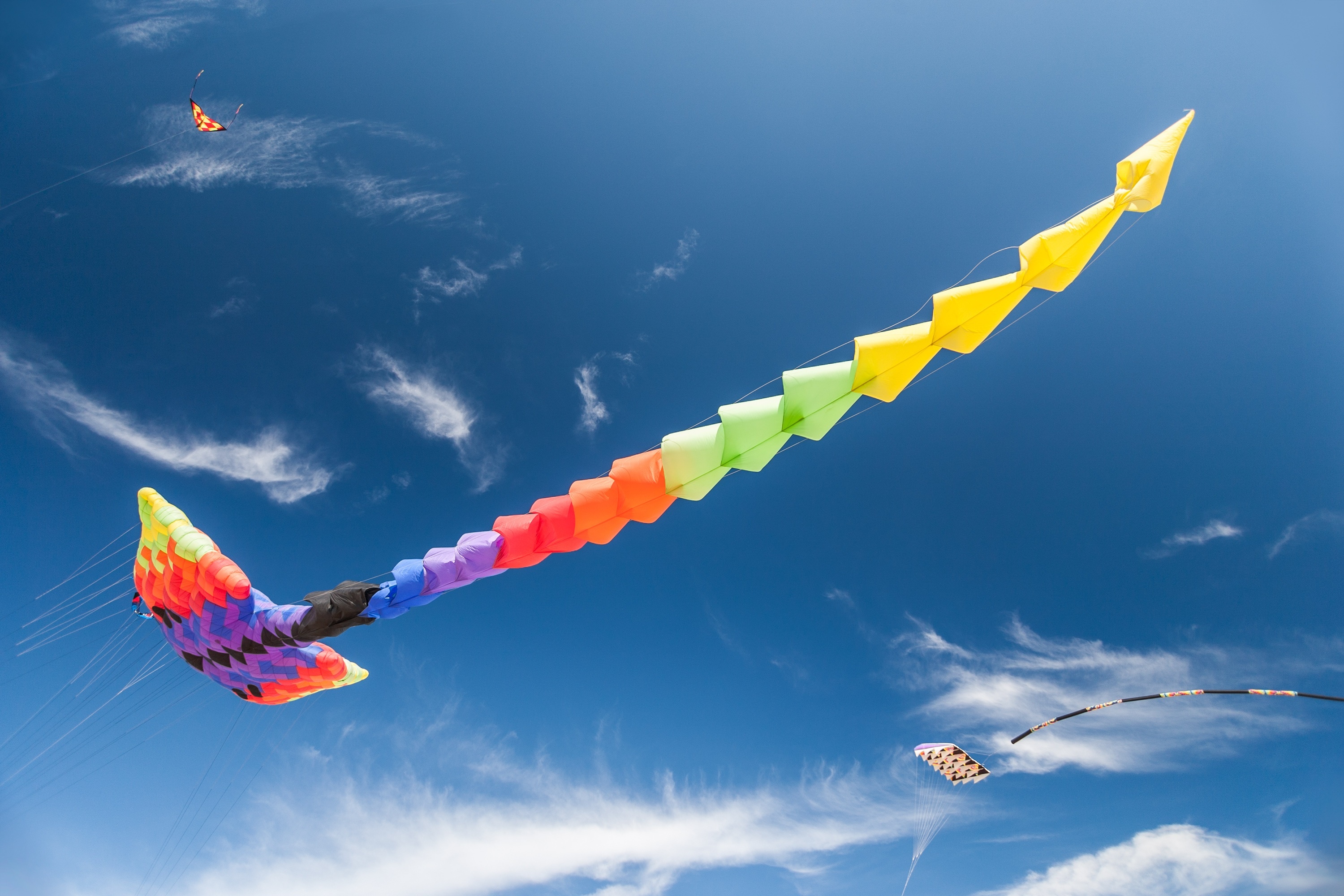 Kite Sports: Large colorful rainbow kite with a tail, Flying a kite experience, 400 feet (0.12 km) of line. 3000x2000 HD Wallpaper.