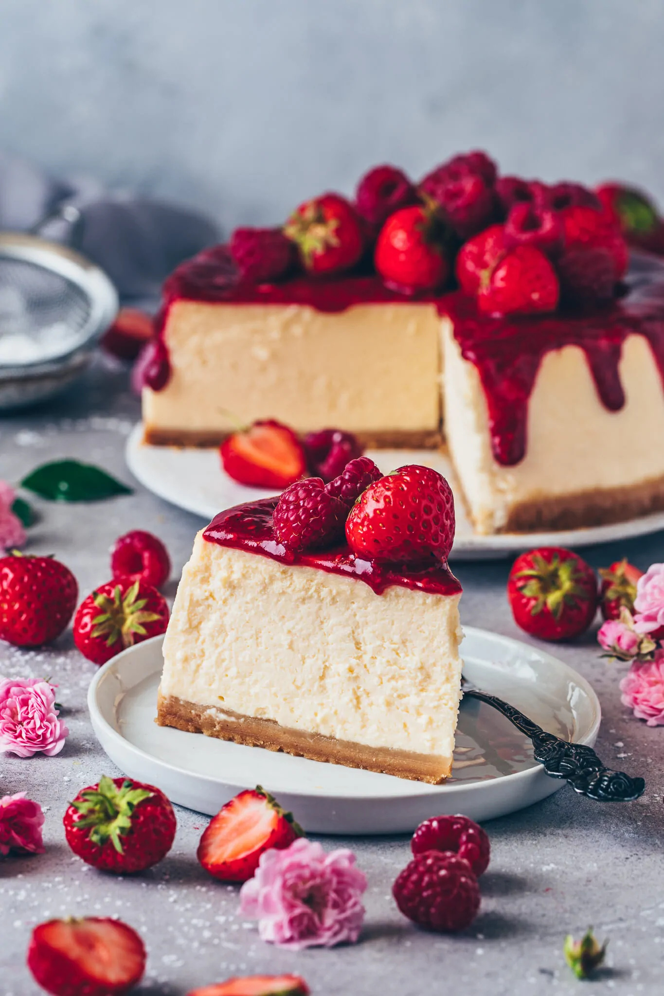 Cheesecake: Typical toppings include sour cream, fruit sauces, chocolate or caramel syrup, nuts, whipped cream, or pieces of fruit. 1370x2050 HD Background.