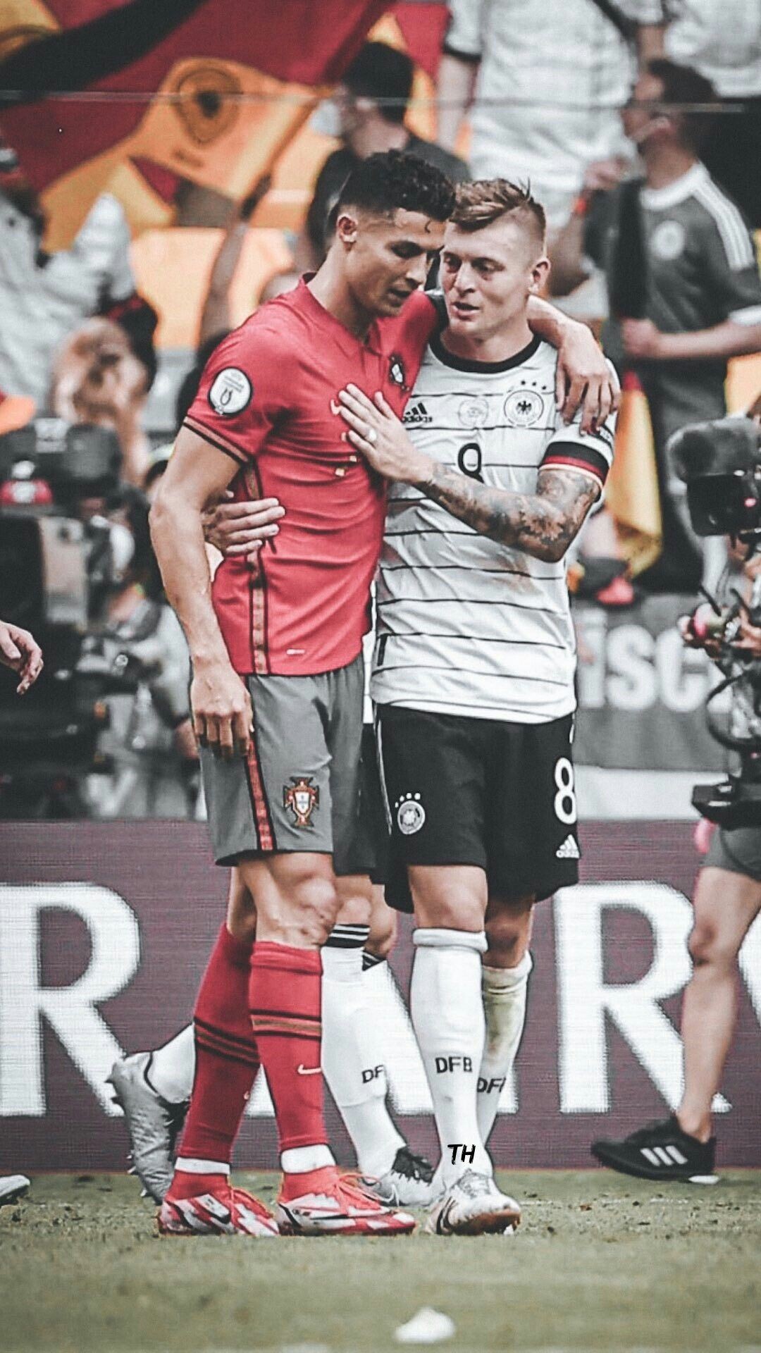 Germany National Football Team: Toni Kroos and Cristiano Ronaldo, Germany's 4-2 Euro 2020 win over Portugal. 1080x1920 Full HD Background.