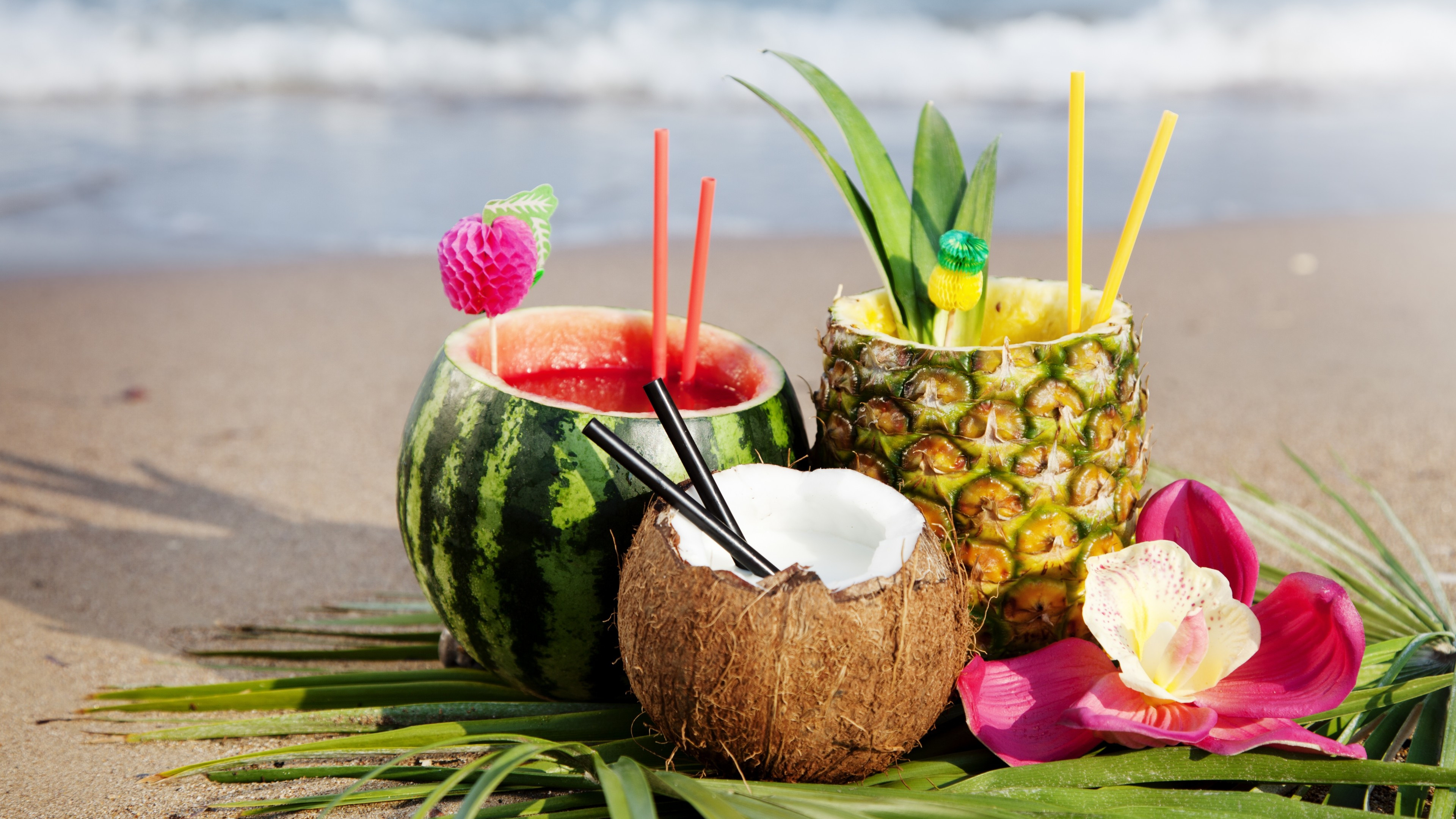 Watermelon: Cocktail, Pineapple, Beach, Tropical, Coconut, Drinks, A pepo. 3840x2160 4K Background.