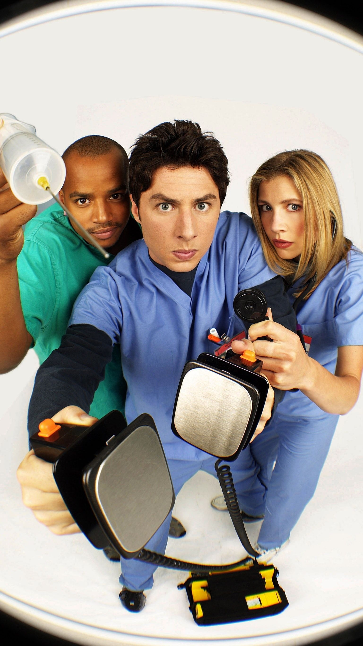 Sarah Chalke: Zach Braff, Elliot Reid, Christopher Turk, Scrubs, A popular medical sitcom. 1540x2740 HD Background.