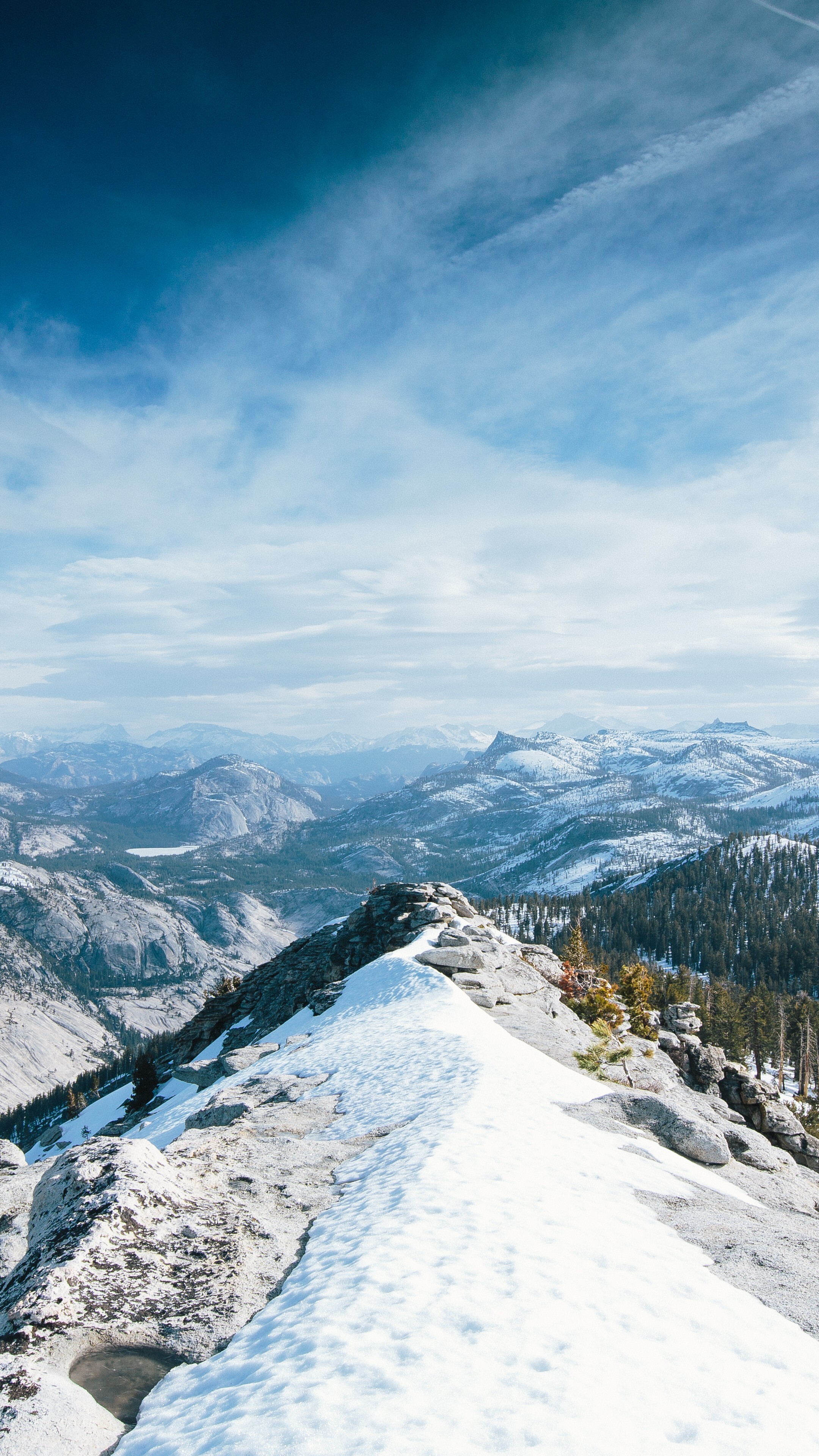 Glacier: Yosemite National Park, Winter, Snow, Forest, Mountains, Nature, Clouds Rest. 2160x3840 4K Background.
