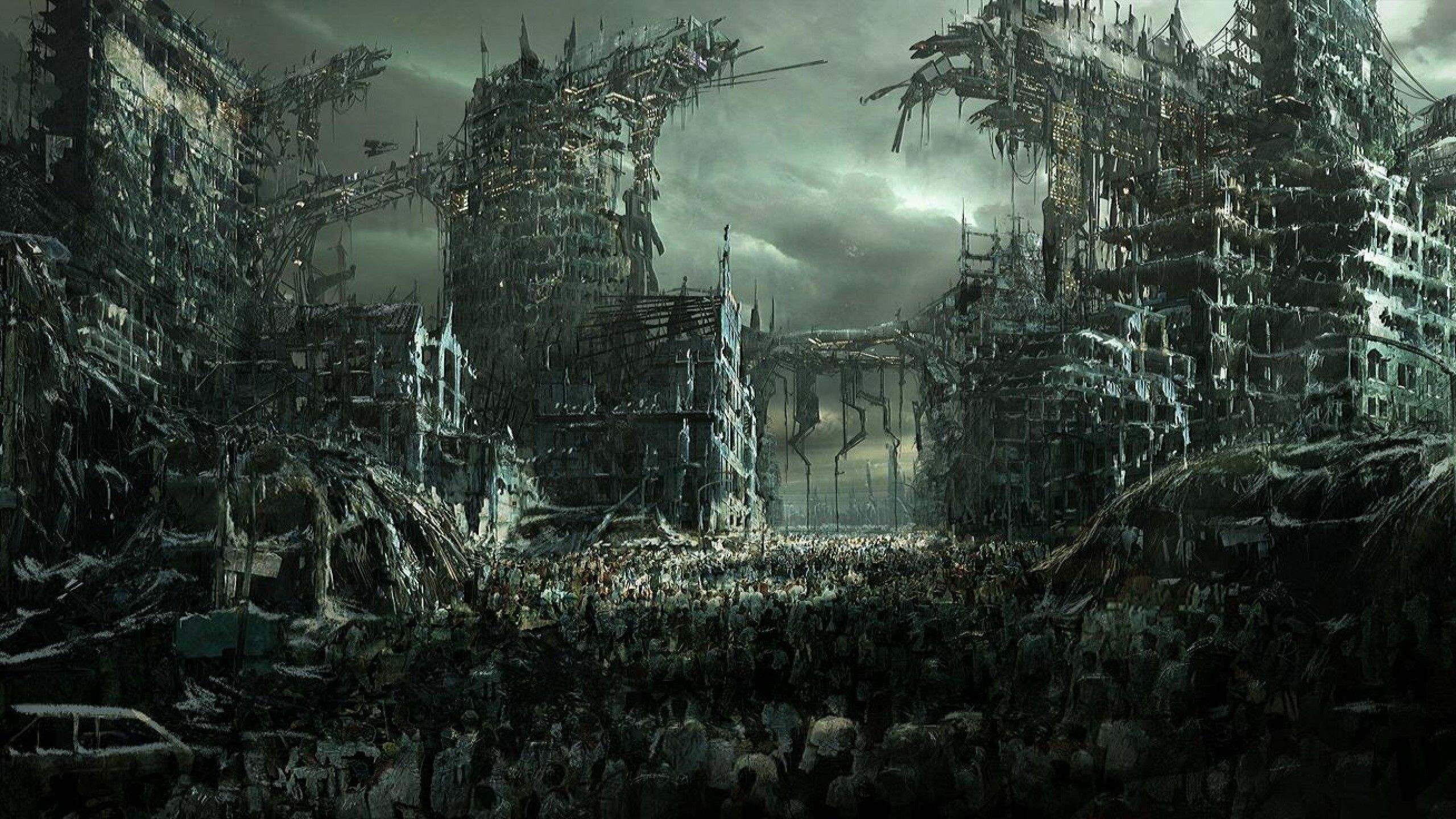 Post-apocalypse: City, Overwhelming swarms of zombies. 2560x1440 HD Wallpaper.