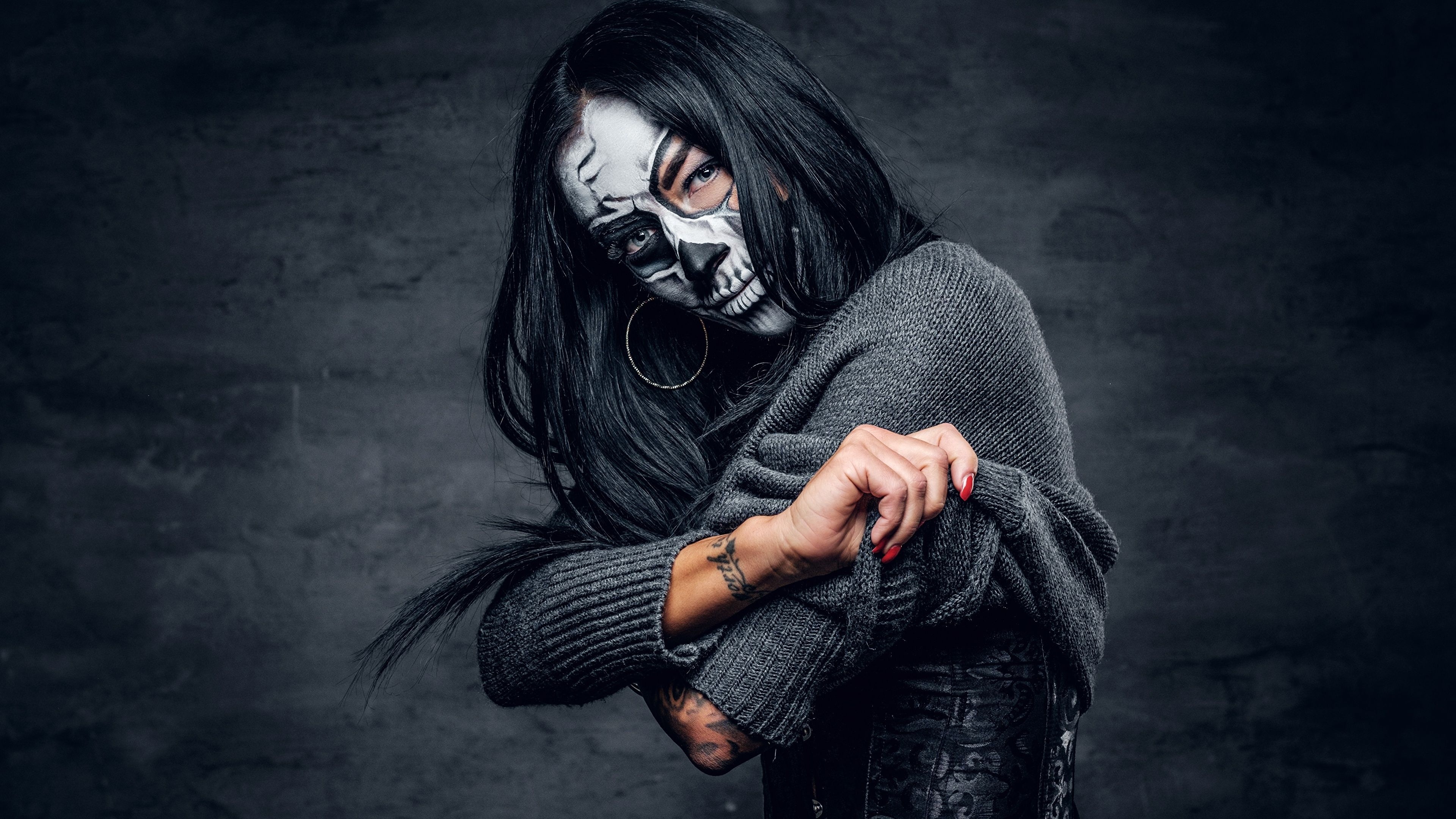 Goth Girl: Gothic fashion and styling, Skeleton makeup, Face art, Body art. 3840x2160 4K Background.