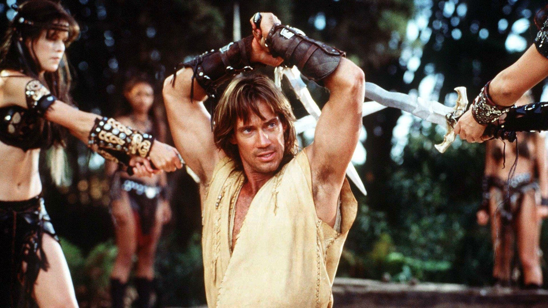 Kevin Sorbo: Hercules, Greek myths and legends, Horde of barbarians, Sword stunt fencing, Season 2, Episode 4, Brian Thompson. 1920x1080 Full HD Background.