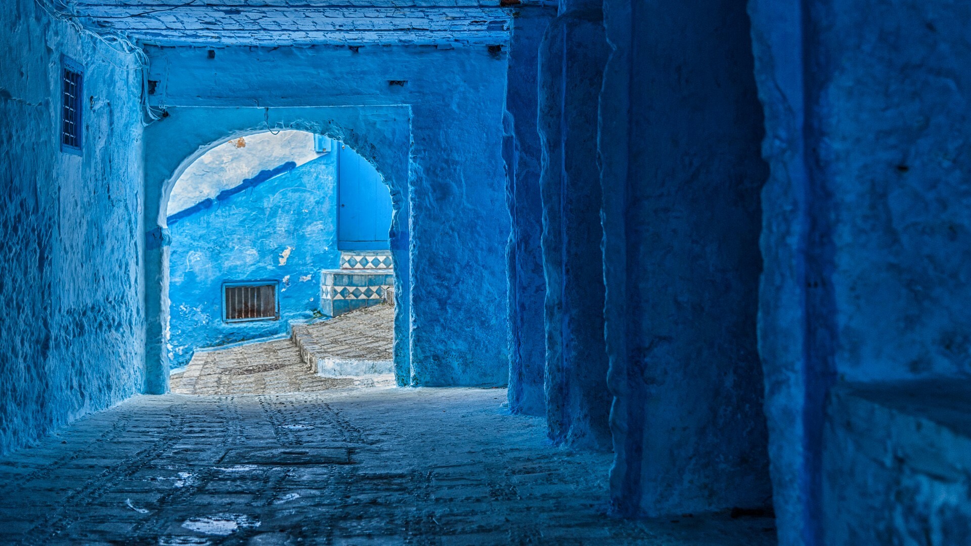 Morocco: The beautiful medina of Chefchaouen, the blue pearl of the country. 1920x1080 Full HD Background.