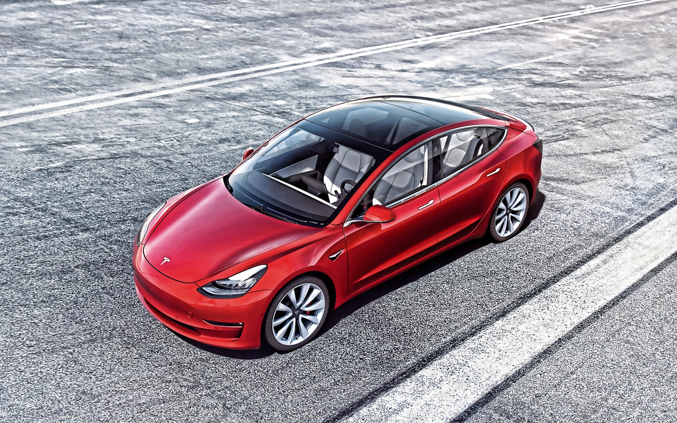 Tesla Model 3, Front view beauty, Red sedan allure, High-resolution elegance, 2880x1800 HD Desktop