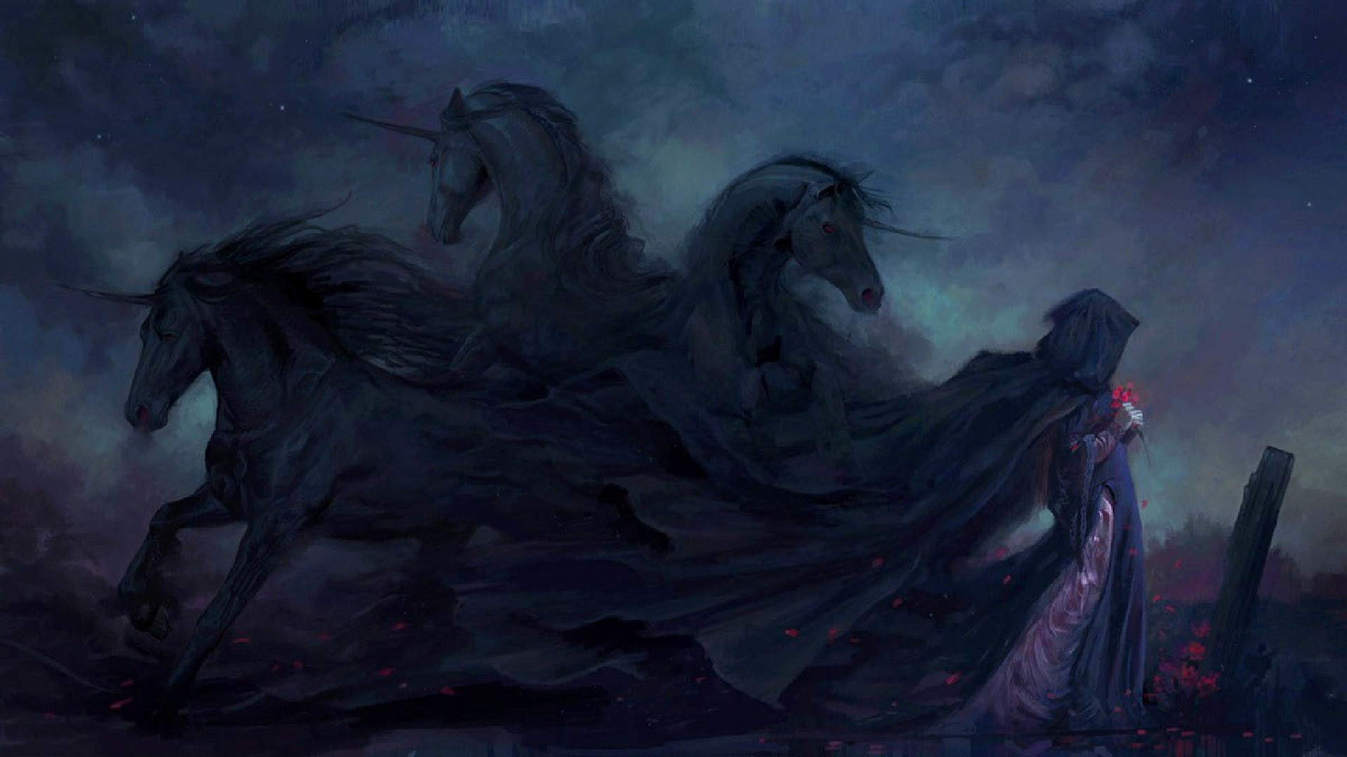 Gothic Art: Dark unicorns, Supernatural creatures, Mystic atmosphere, Fantasy style, Horses of Apocalypse. 1920x1080 Full HD Background.