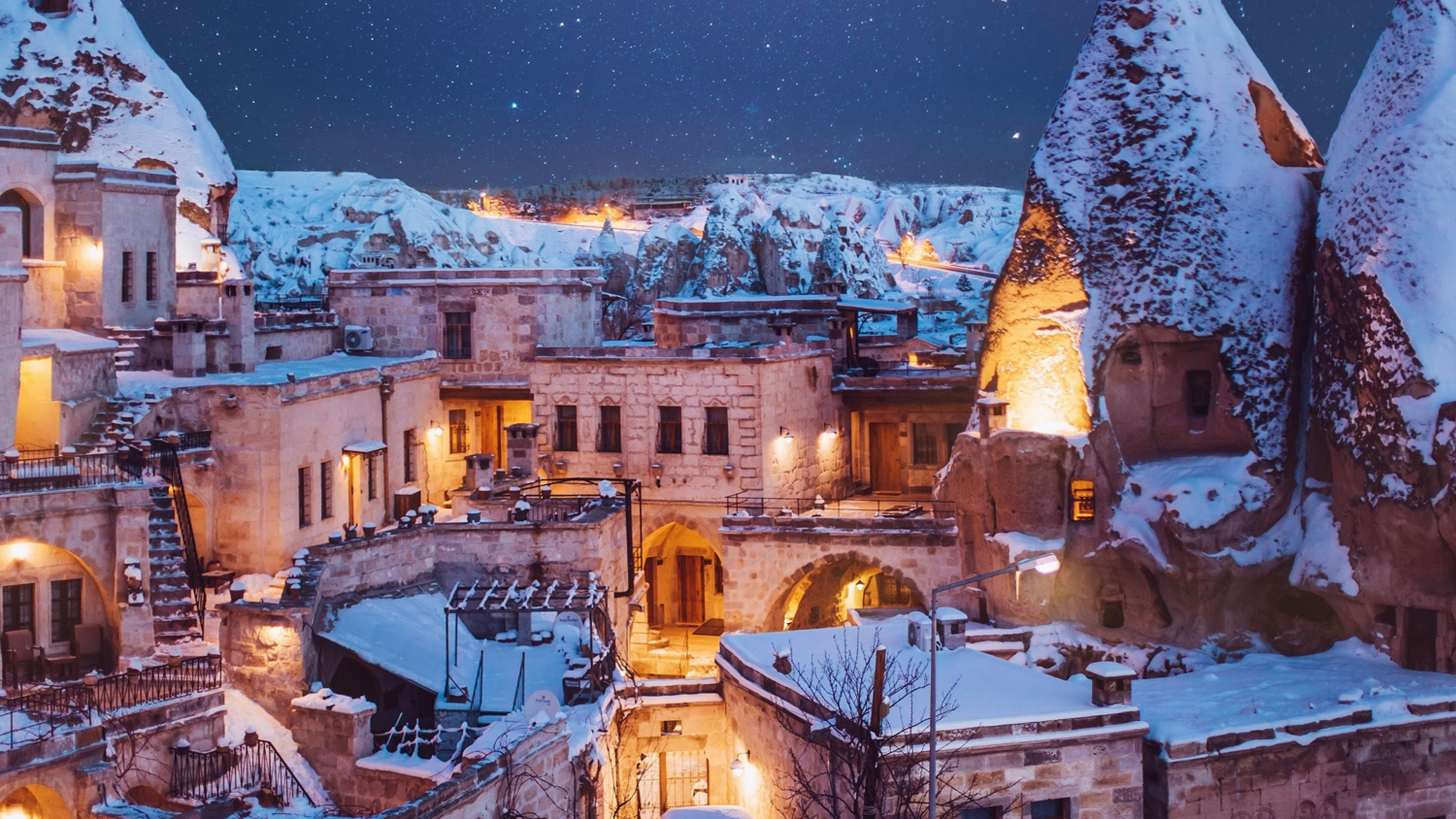 Cappadocia, Turkey, Snowy winter, Stone buildings, 3840x2160 4K Desktop
