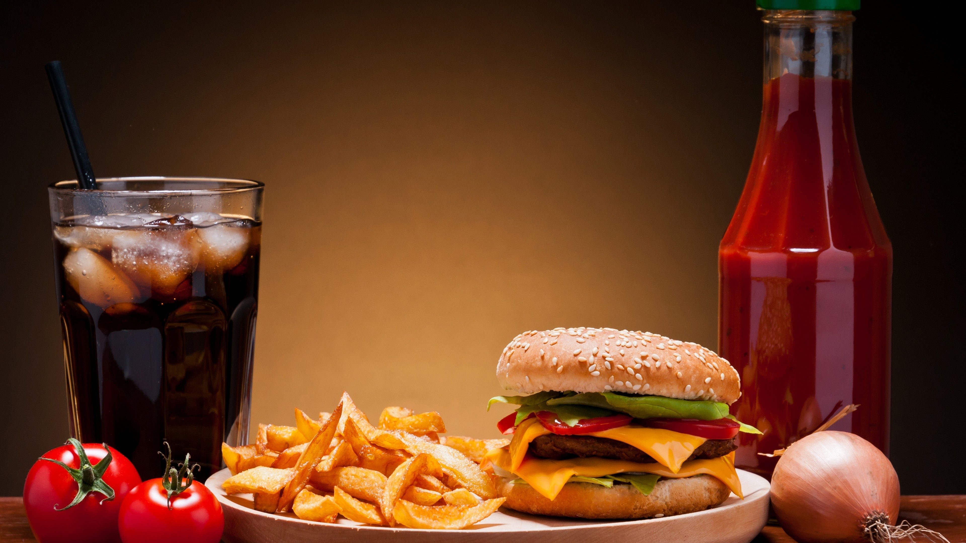 French Fries: Cheeseburger, Fast food, Coca-cola, Ketchup, Tomatoes, Potatoes. 3840x2160 4K Background.