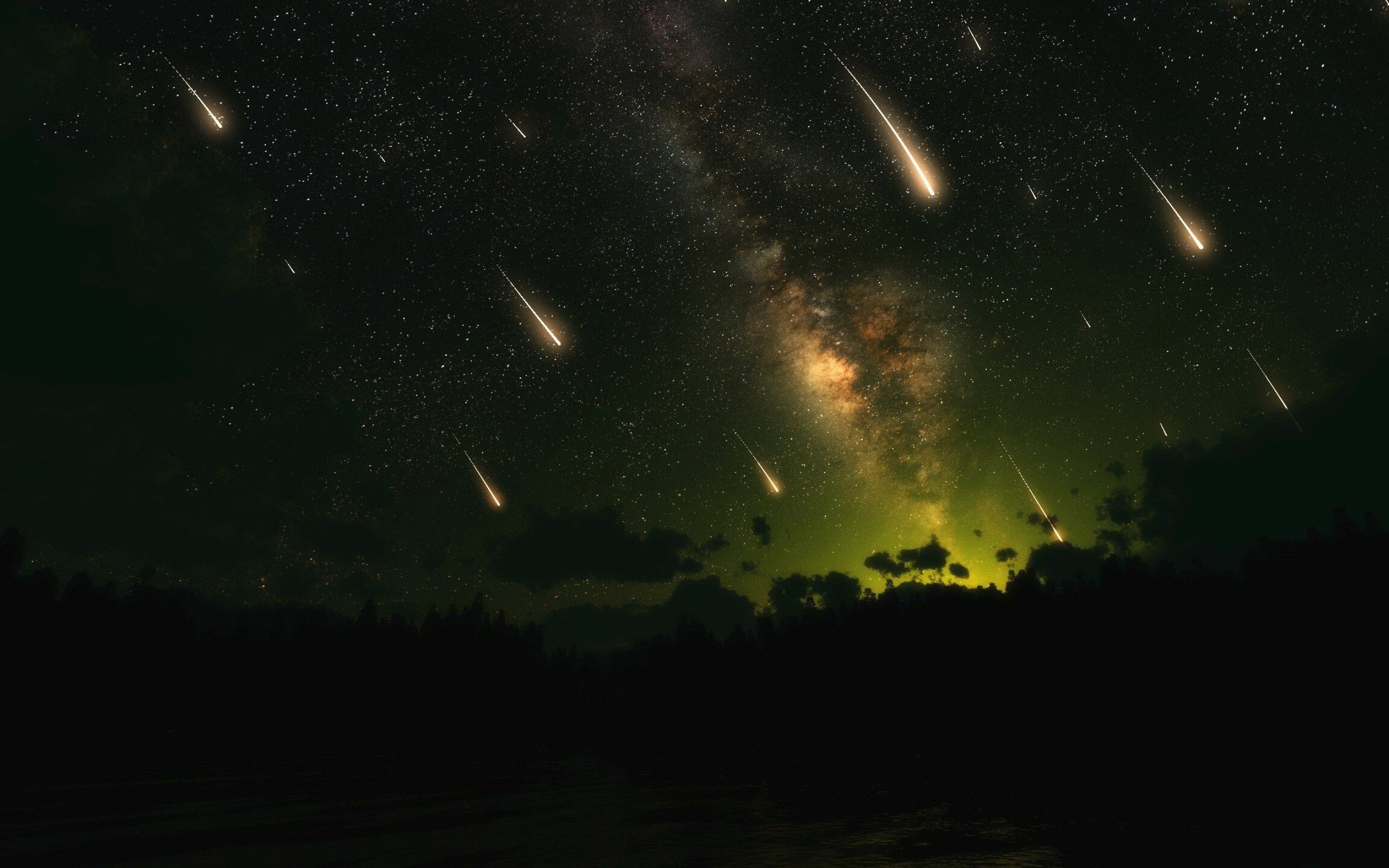 Meteor: A transient fiery streak in the sky produced by a meteoroid passing through the earth's atmosphere. 2560x1600 HD Wallpaper.