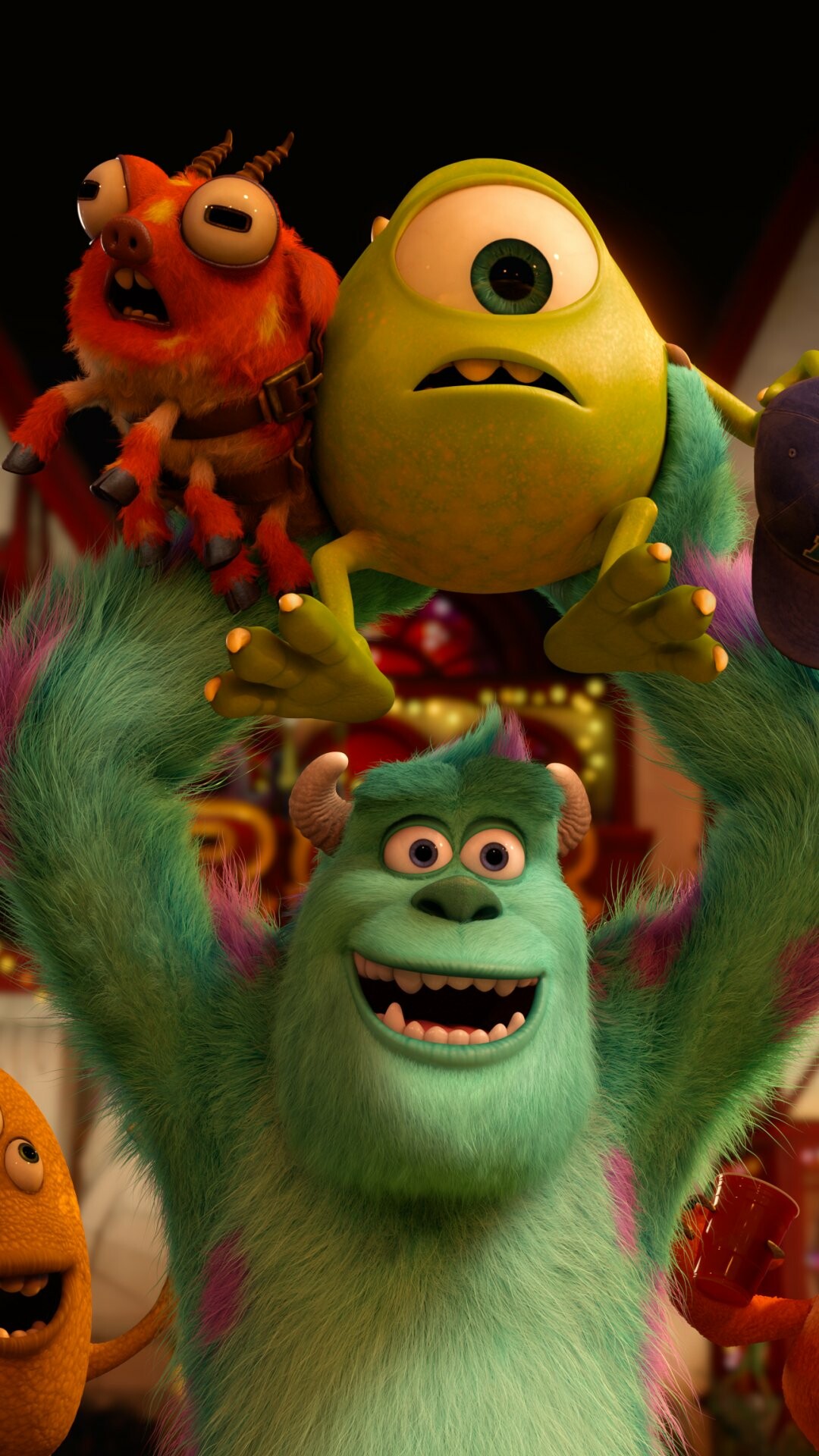Monsters, Inc.: The name of a Pixar movie and franchise, Mike, Sulley. 1080x1920 Full HD Background.