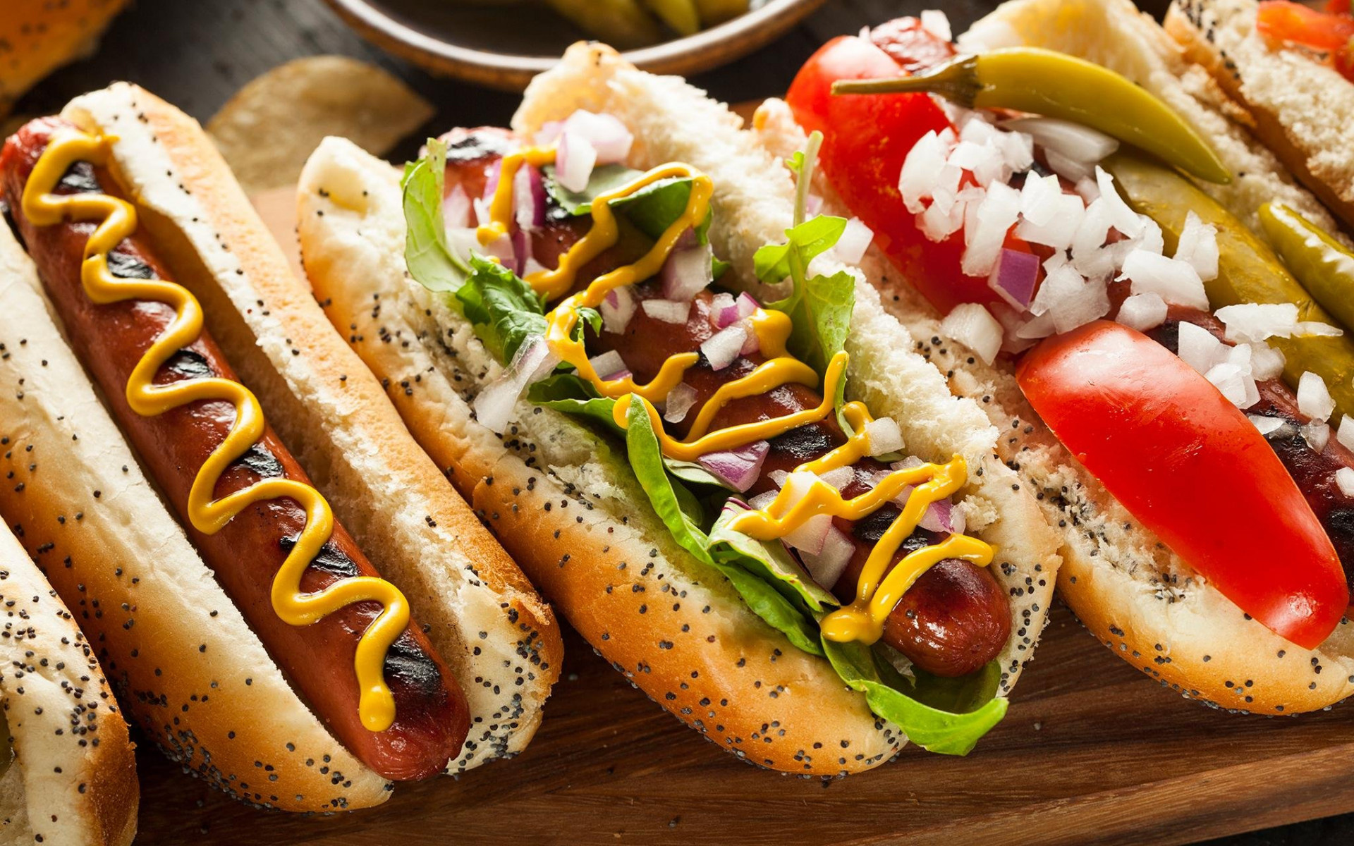 Hot dog wallpaper, Crispy onions, Mustard drizzle, Appetizing snack, 1920x1200 HD Desktop