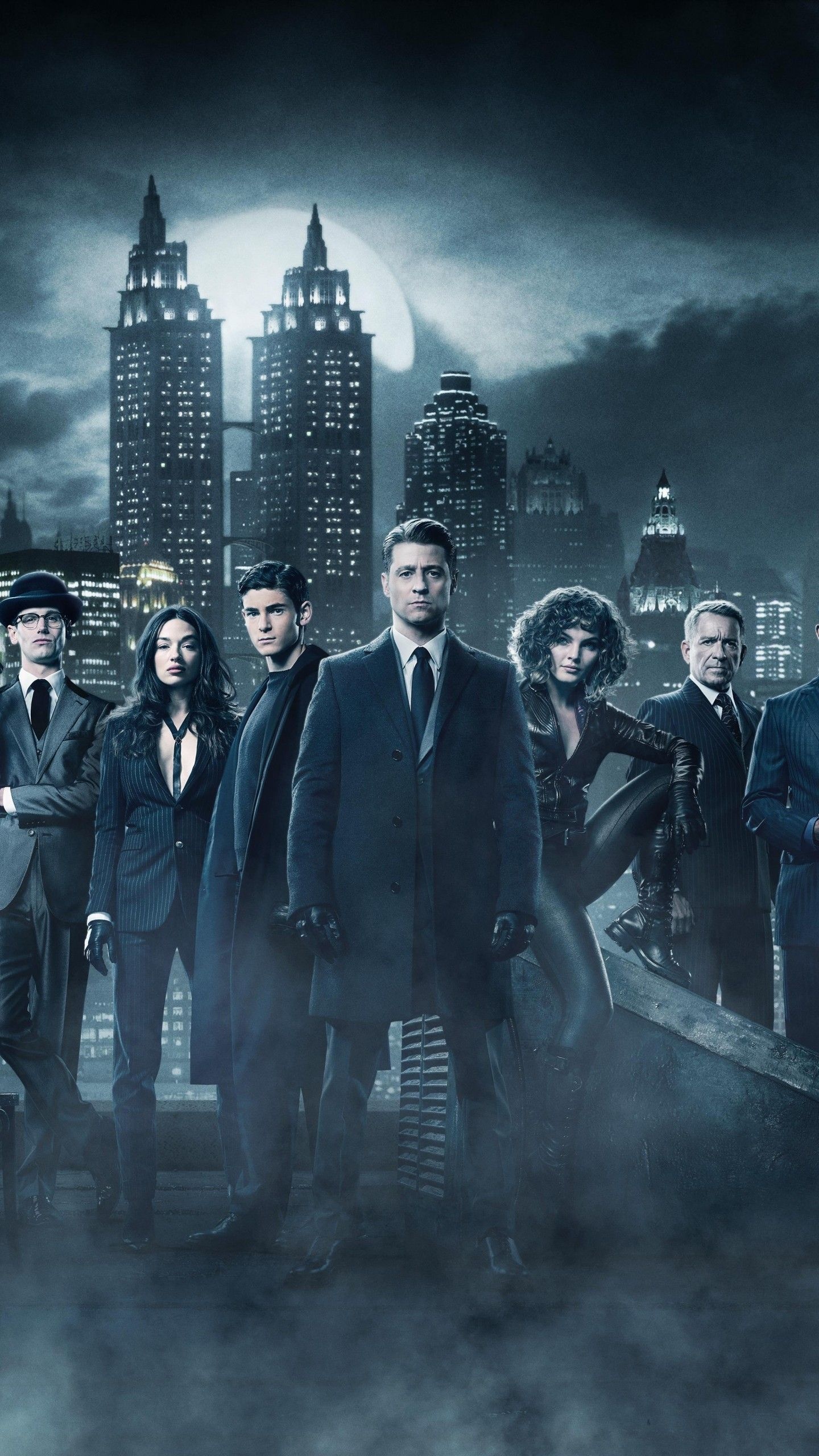 Gotham, Iconic characters, Dark dystopian city, Thrilling TV series, 1440x2560 HD Handy