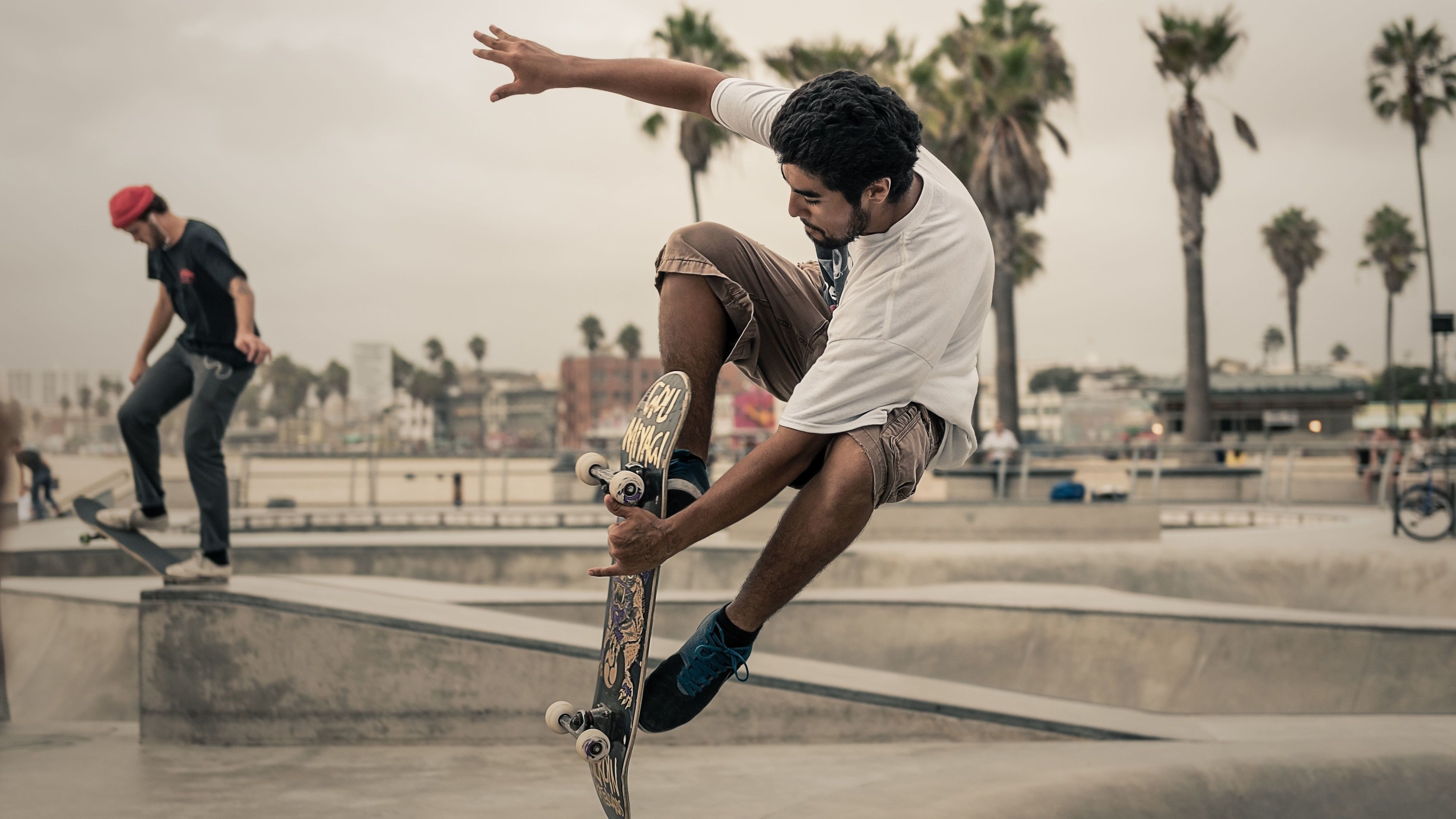 Skateboarding: Street action sport in a skatepark, Recreational activity and performing tricks. 3840x2160 4K Wallpaper.