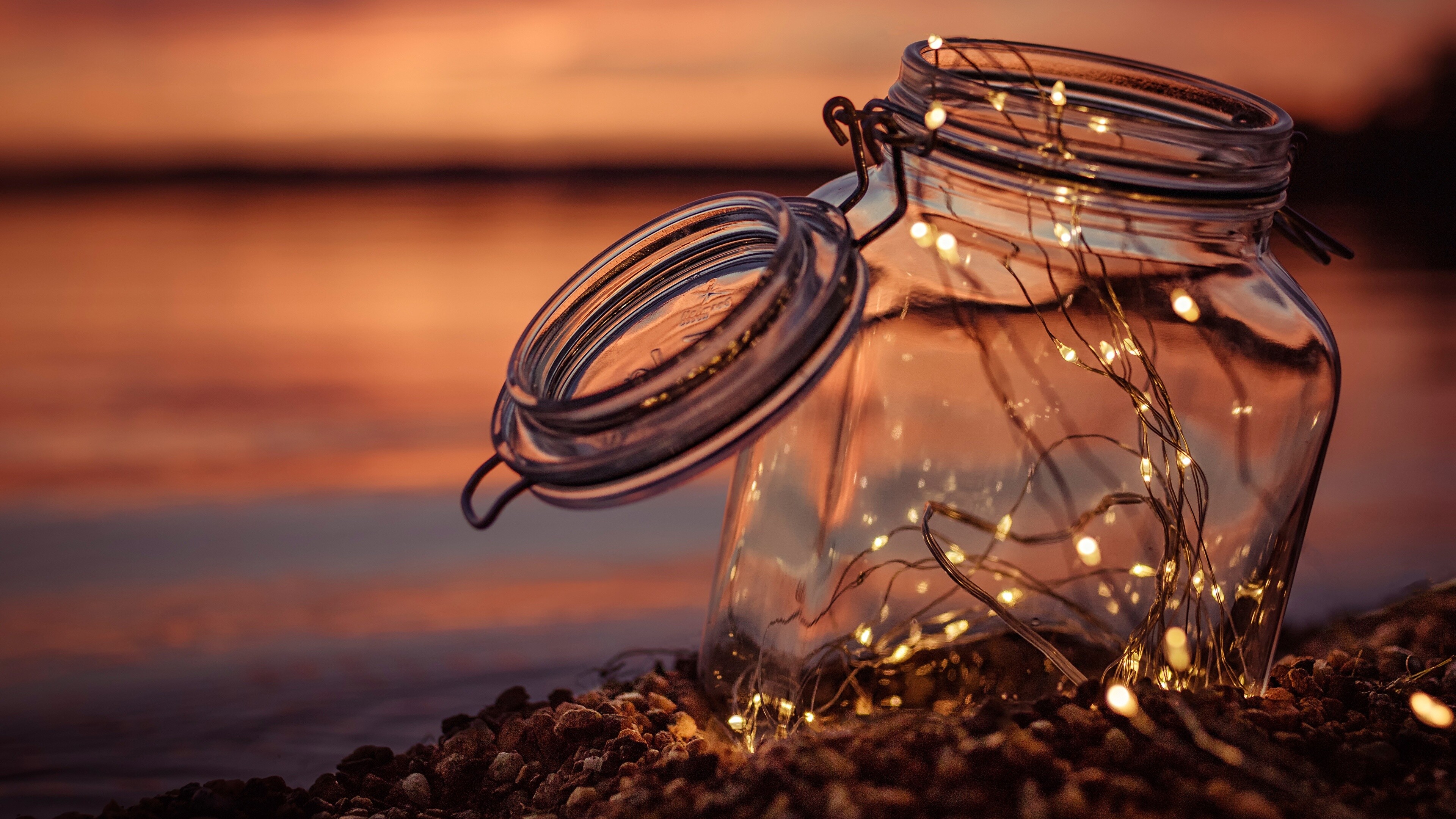Gold Lights: Fairy lights, Mason jar lights, Warm white string lights, Seaside at sunset. 3840x2160 4K Background.