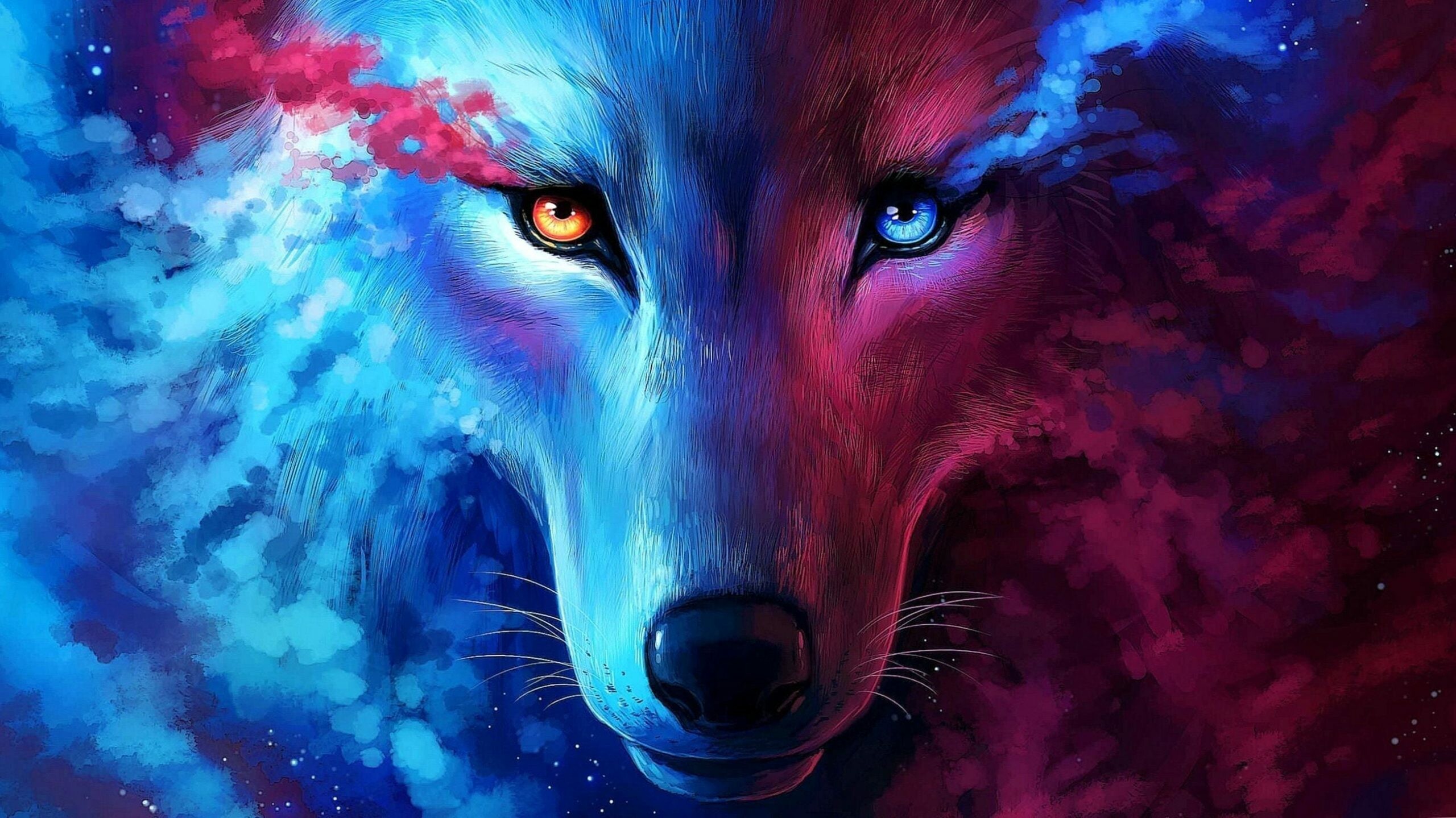 Wolf: Deliberate human persecution because of livestock predation and fear of attacks on humans has reduced the wolf's range to about one-third of its historic range, Painting. 2560x1440 HD Wallpaper.