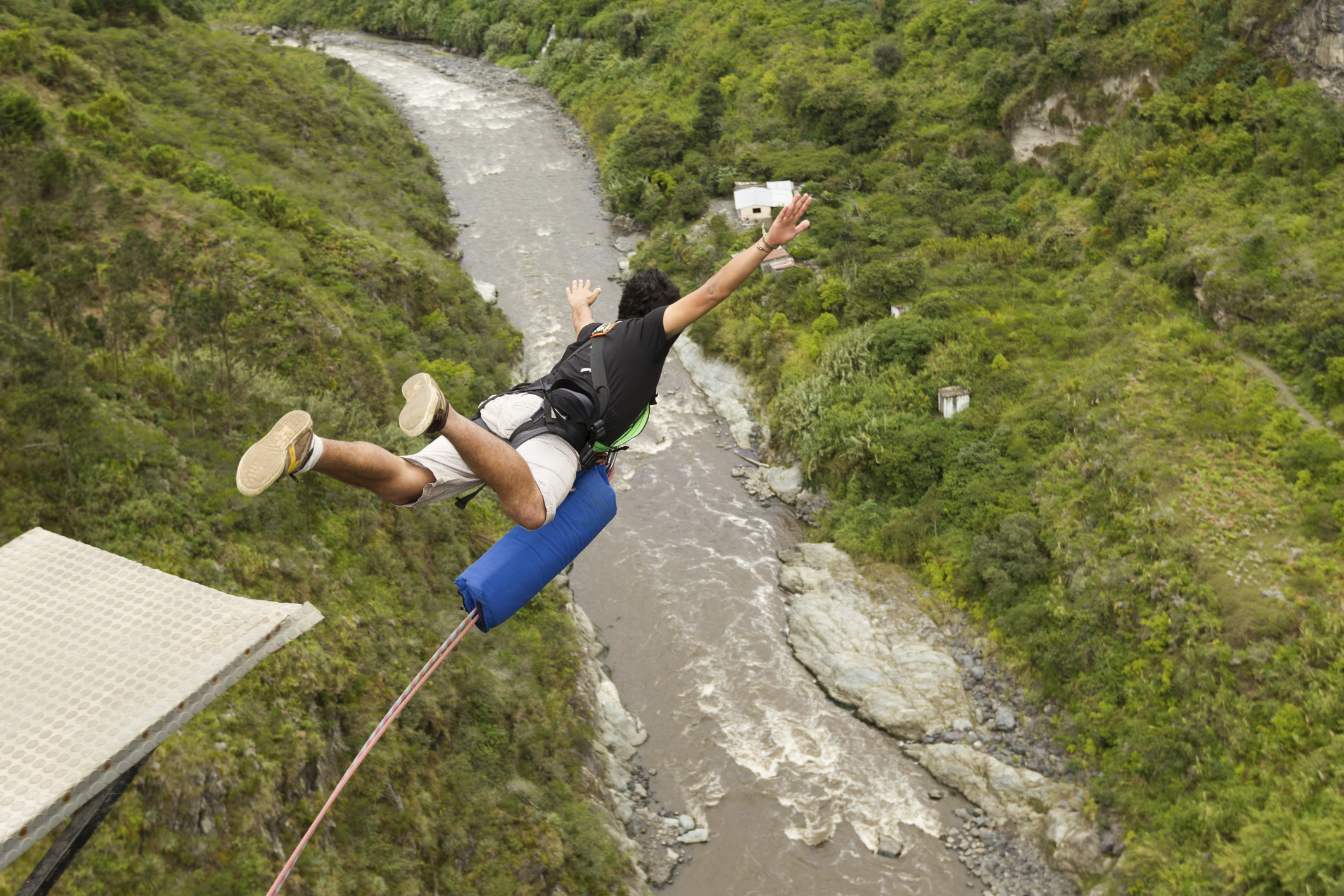 Bungee Jumping: Extremely dangerous recreational activity, Leisure for adrenaline lovers, Mountain river. 2130x1420 HD Background.