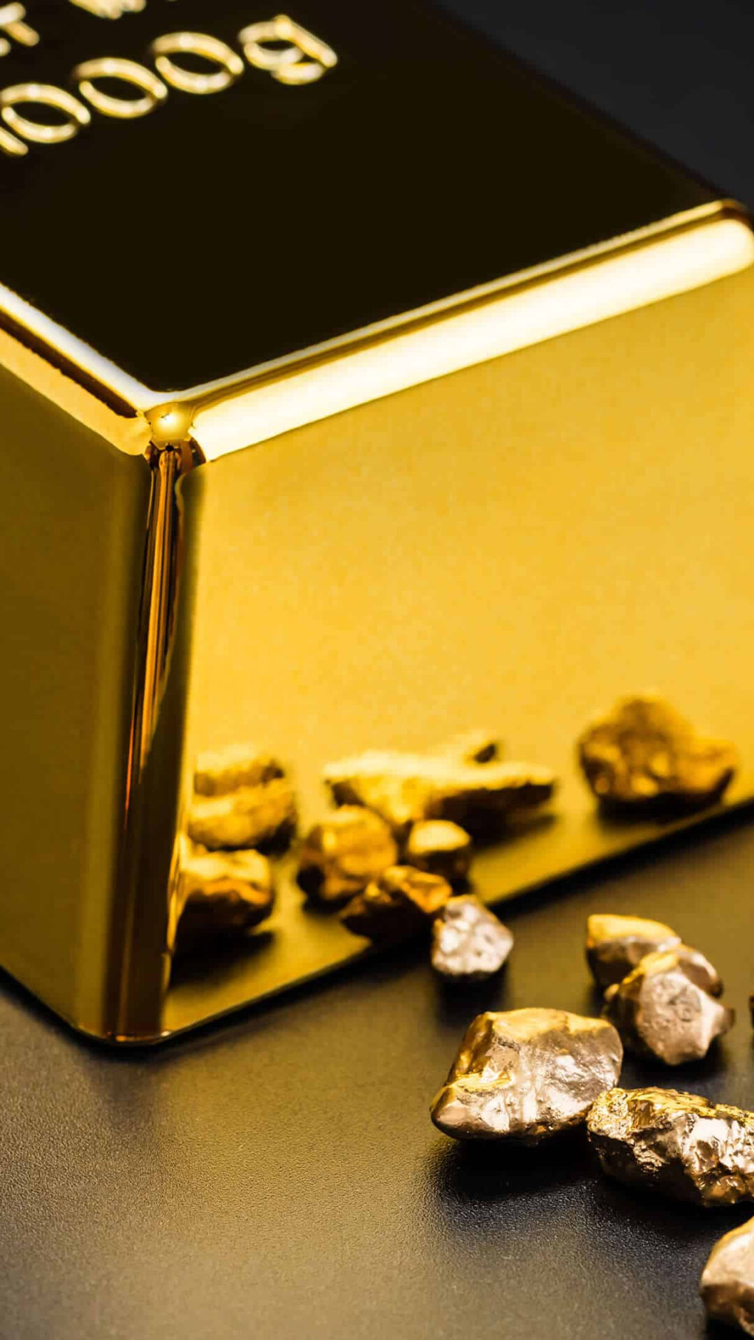 Gold: A gold nugget, A naturally occurring golden piece, A bar manufactured by minting bearing the marks. 1080x1920 Full HD Wallpaper.