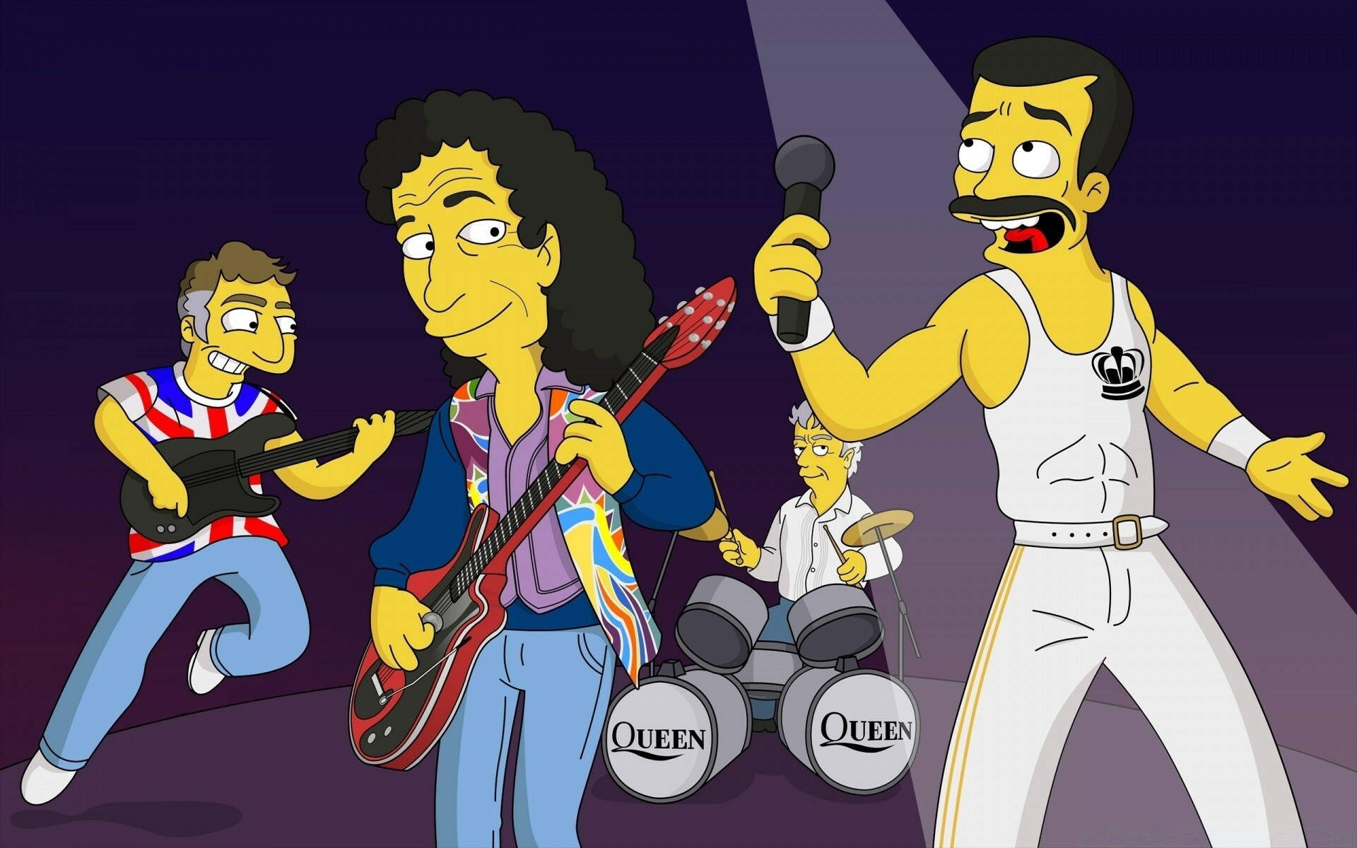 Queen: An English rock band formed by Brian May, Freddie Mercury, and Roger Taylor, The Simpsons style. 1920x1200 HD Background.