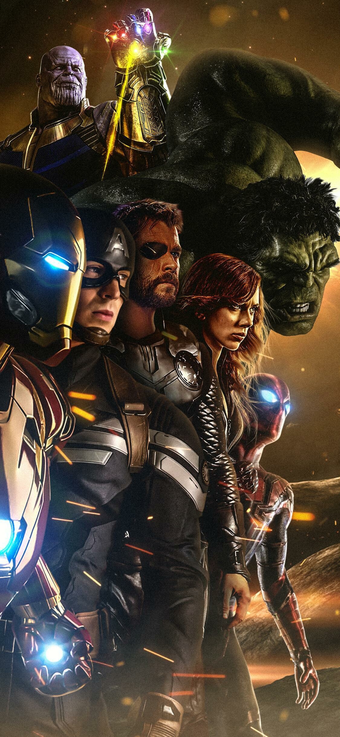 Marvel: Black Widow, Iron Man, Thor, Captain America, Hulk, Spider-Man, Thanos. 1130x2440 HD Background.