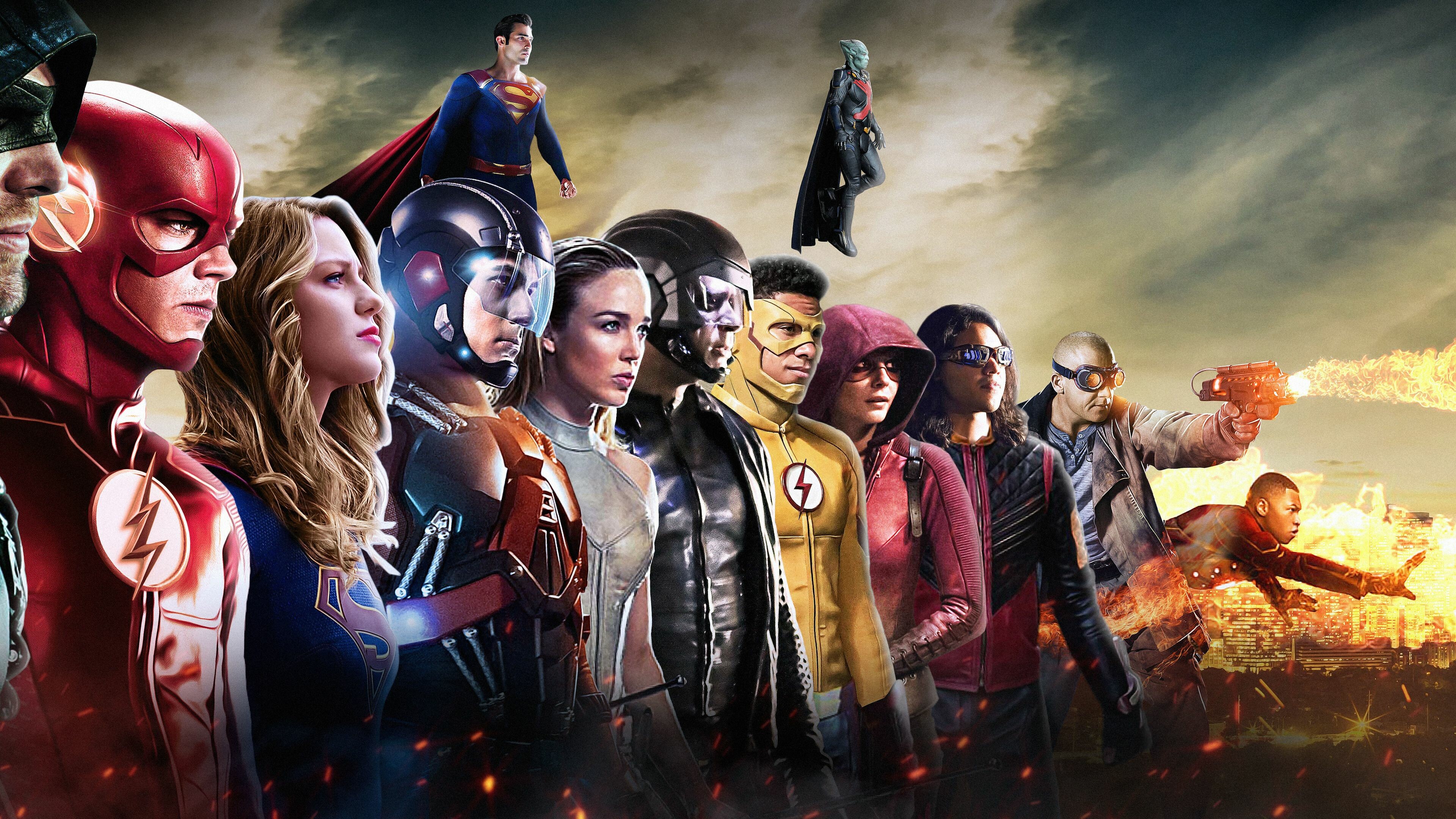 DC: Black Lightning, The Flash, Supergirl, The Atom, Firestorm, Heat Wave. 3840x2160 4K Background.