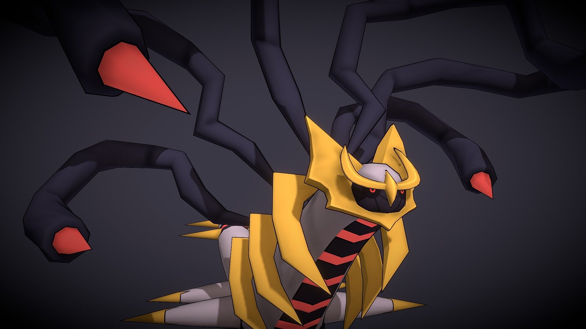 Giratina: Legs are reduced to golden-tipped spikes, Four additional golden spikes near the edge of its tail, Origin Forme. 1920x1080 Full HD Background.
